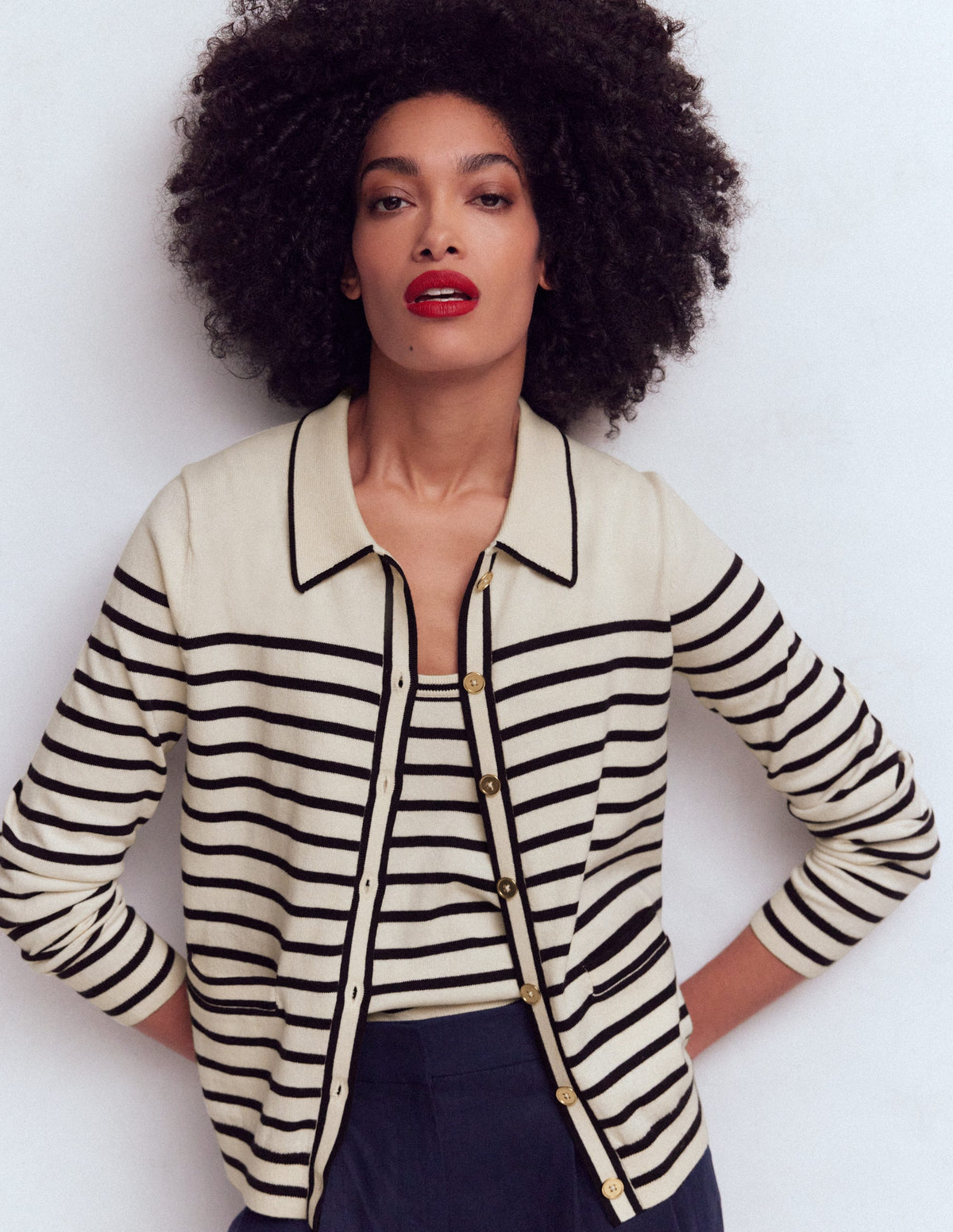 Liz Knitted Collared Cardigan-Ivory/ Navy - Image 1