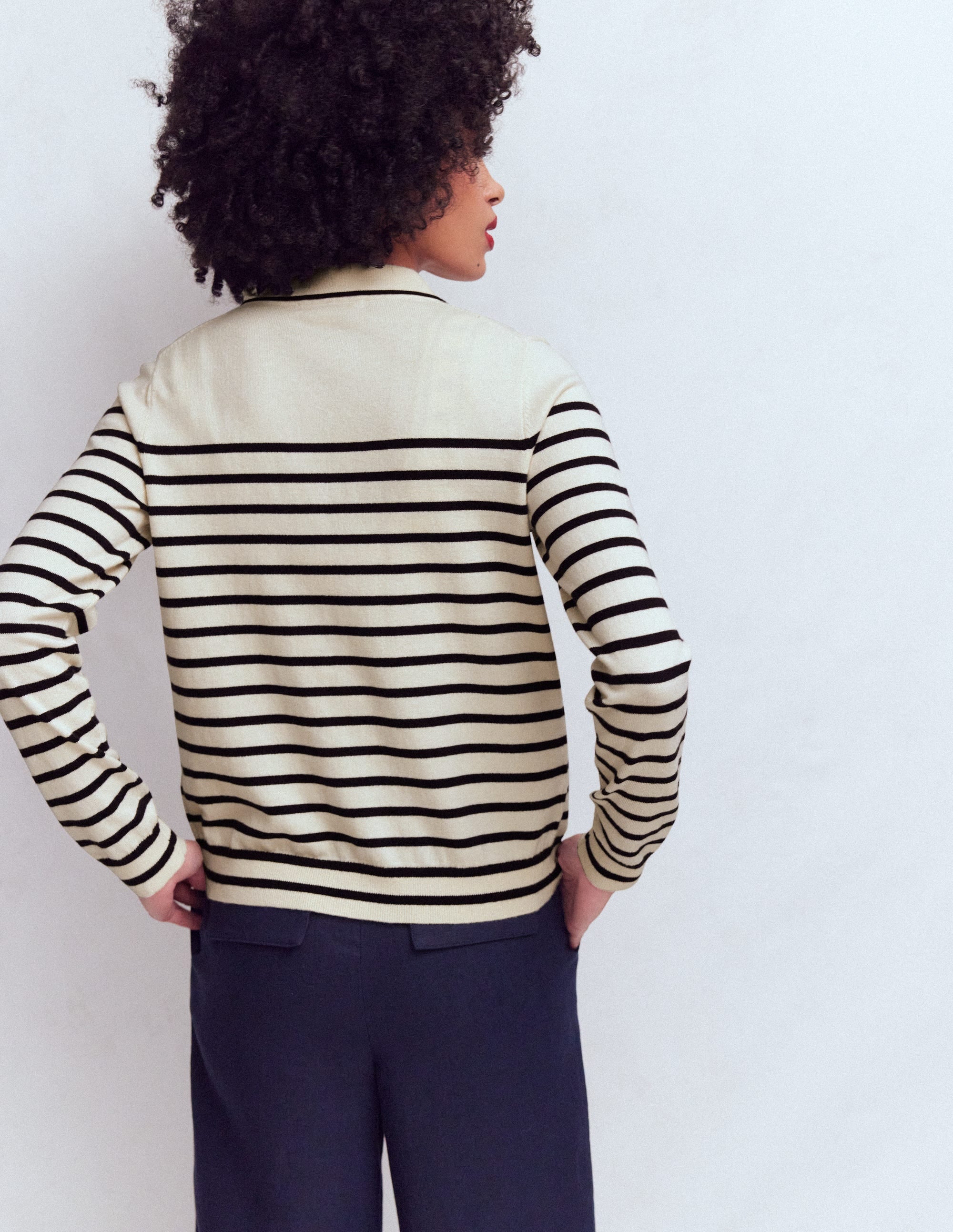 Liz Knitted Collared Cardigan-Ivory/ Navy - Image 3