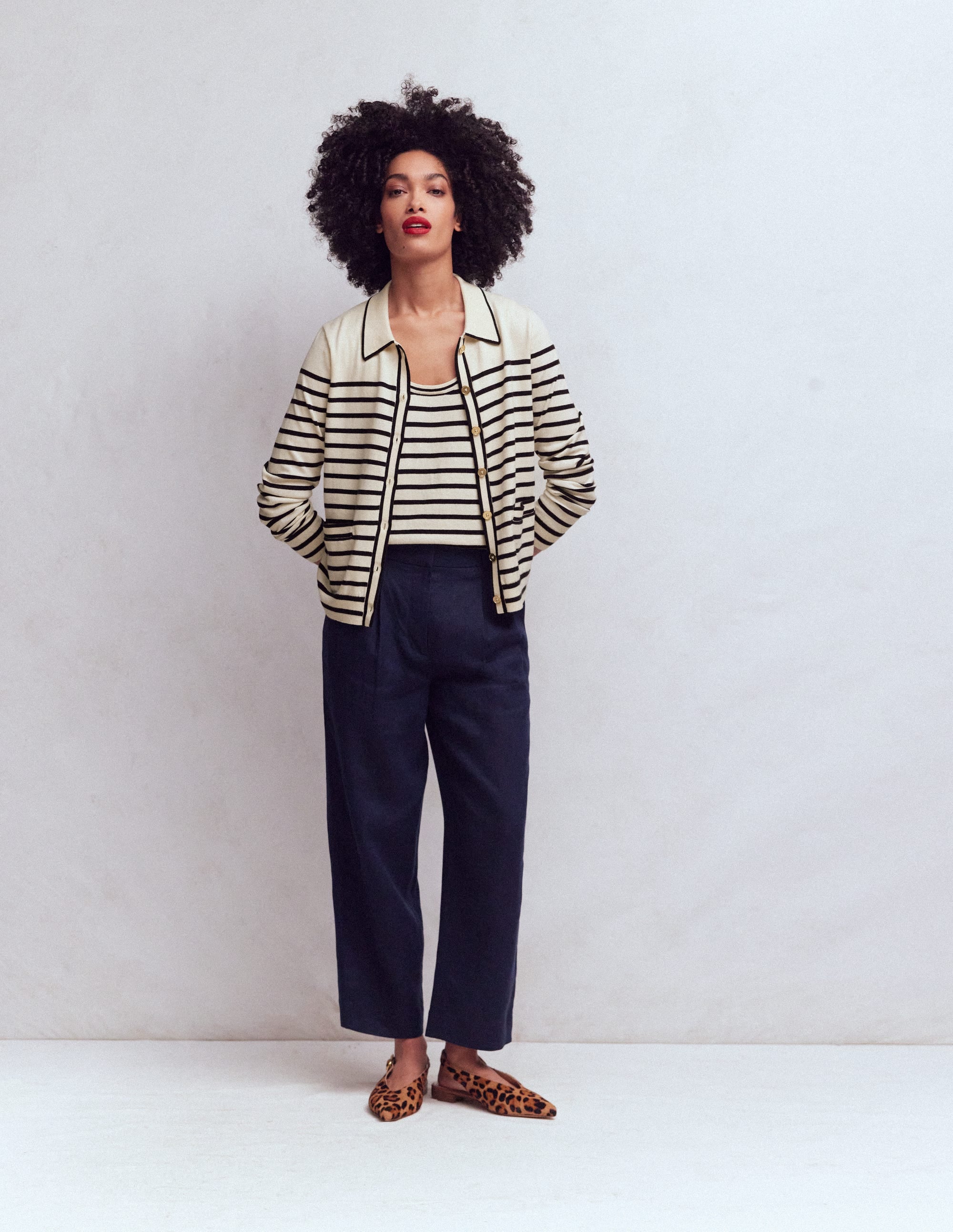 Liz Knitted Collared Cardigan-Ivory/ Navy - Image 4