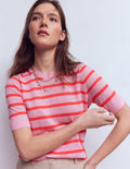 Agnes Leinen-T-Shirt mit Knopfleiste-Sonniges Korallenrot / Kirschblütenrosa