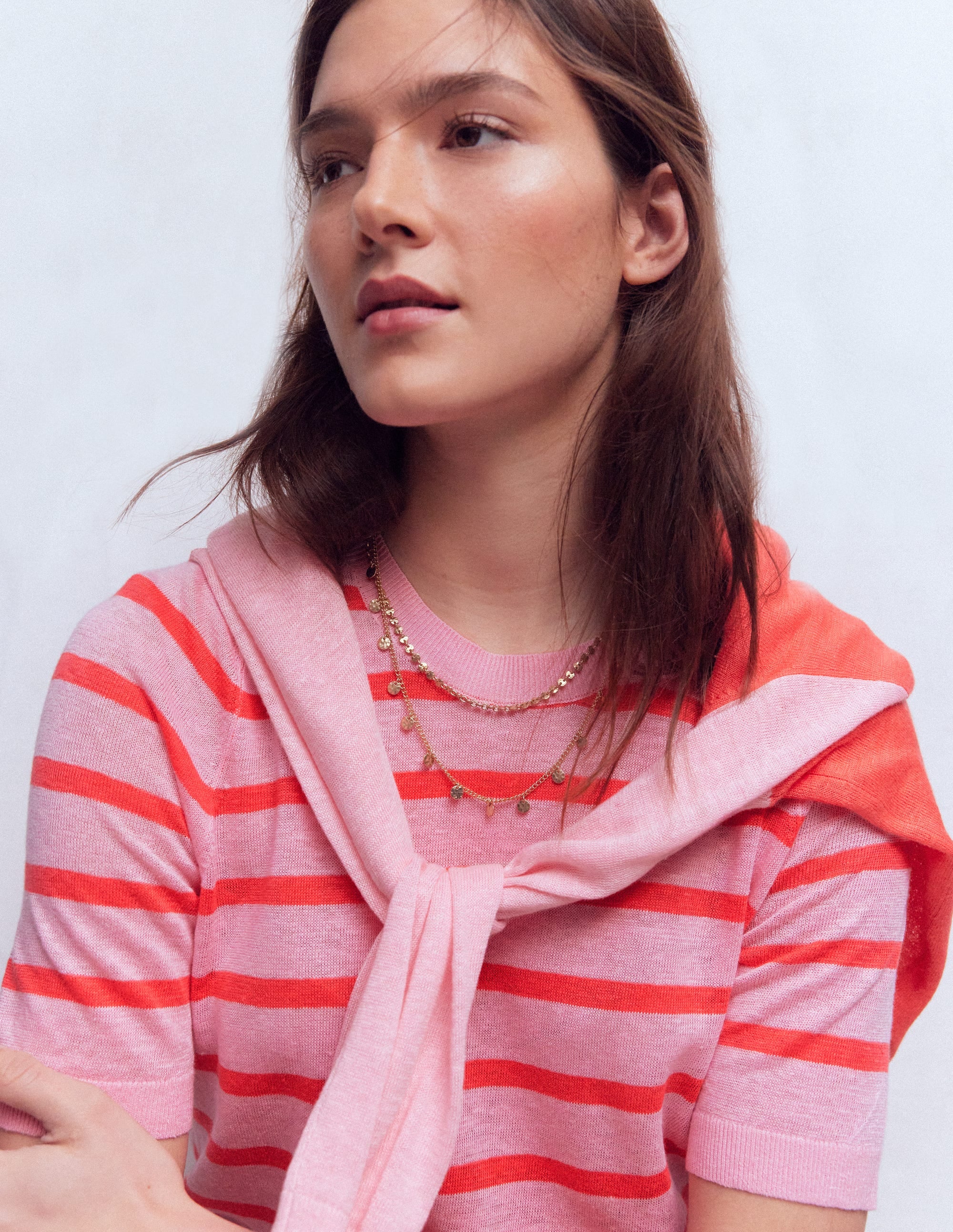 Agnes Leinen-T-Shirt mit Knopfleiste-Sonniges Korallenrot / Kirschblütenrosa - Image 2