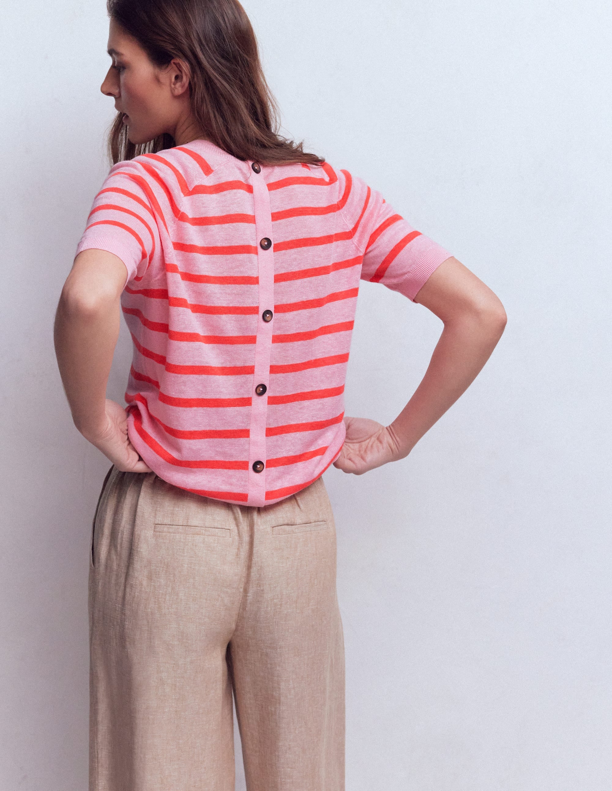 Agnes Leinen-T-Shirt mit Knopfleiste-Sonniges Korallenrot / Kirschblütenrosa - Image 3