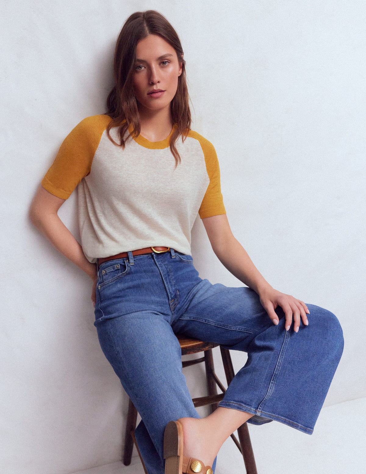 Agnes Leinen-T-Shirt mit Knopfleiste-Gelb, Blockfarben - Image 1
