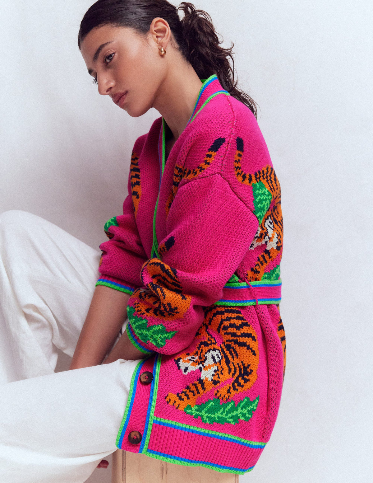 Jacquard-Strickjacke mit Gürtel-Rosa Schafgarbe Tiger - Image 1