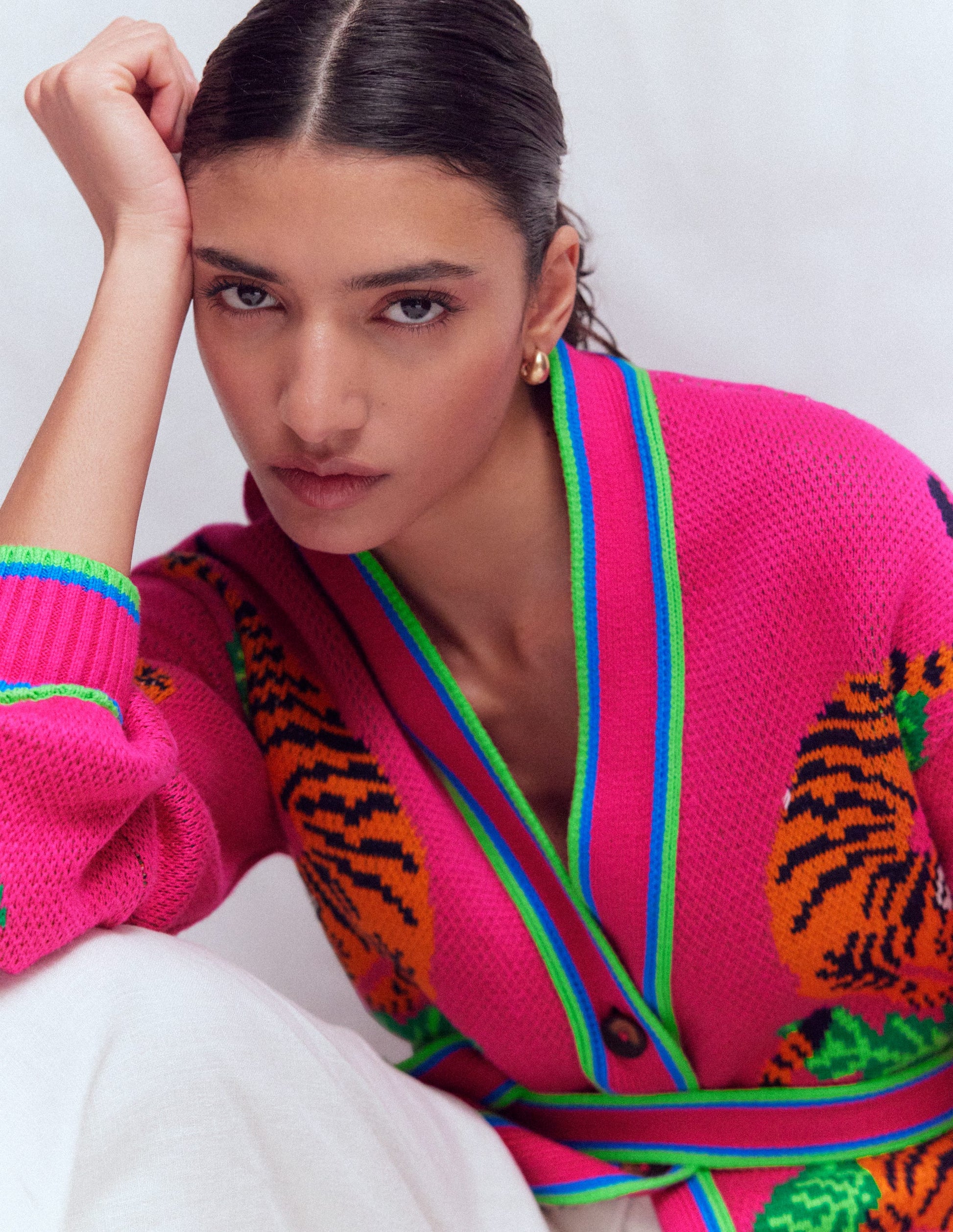 Jacquard-Strickjacke mit Gürtel-Rosa Schafgarbe Tiger-2