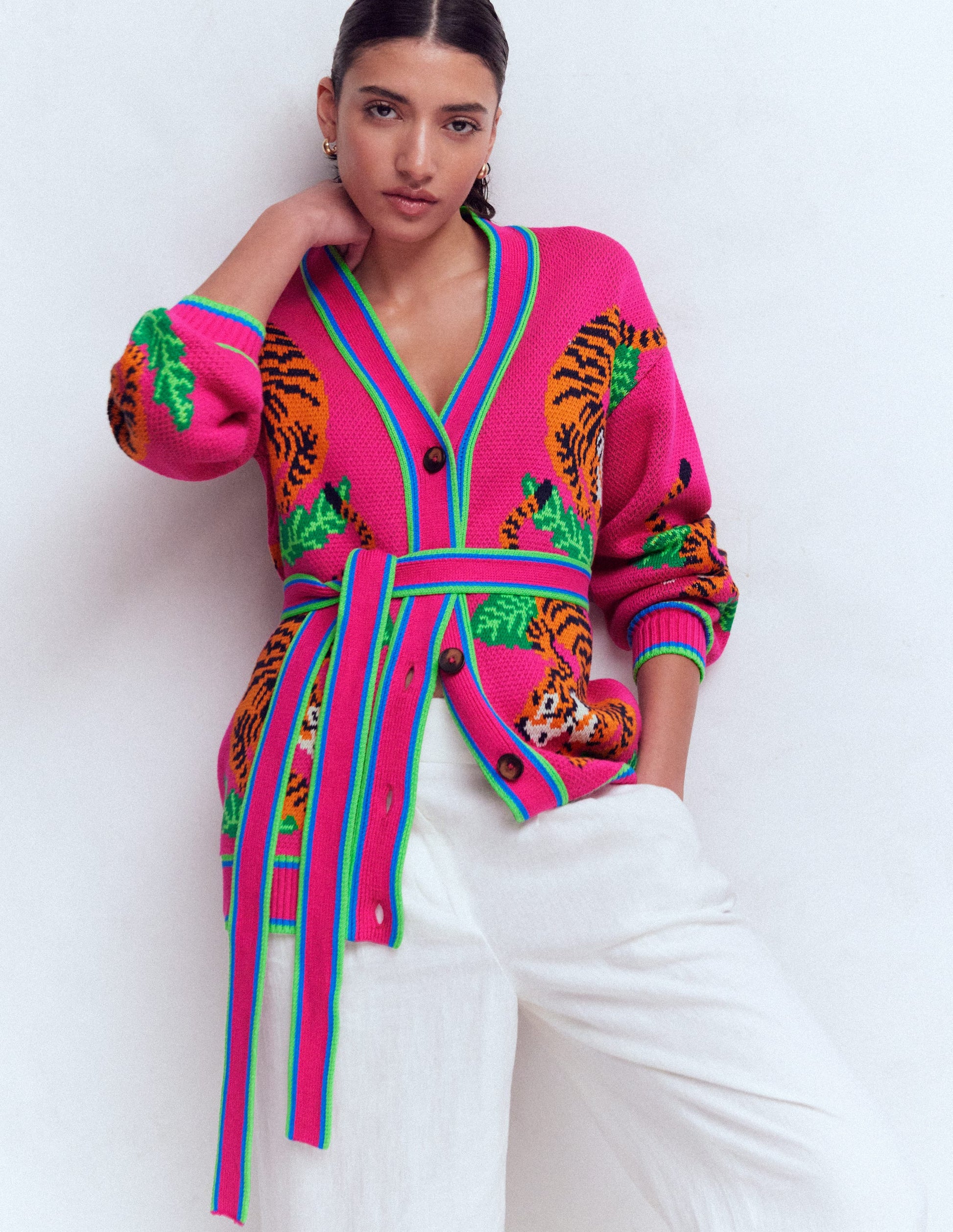 Jacquard-Strickjacke mit Gürtel-Rosa Schafgarbe Tiger-3