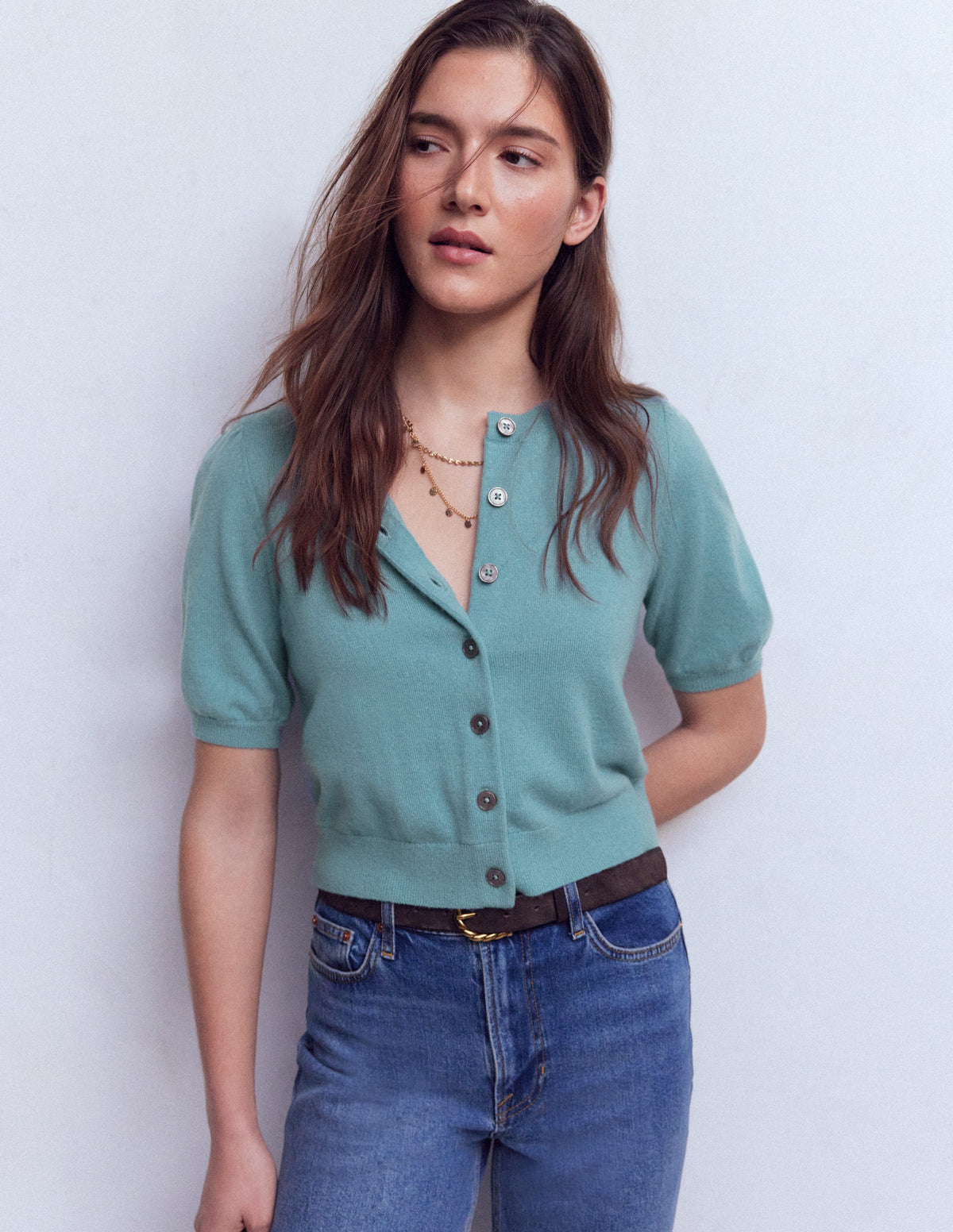 Cropped Cashmere Cardigan-Misty Blue - Image 4