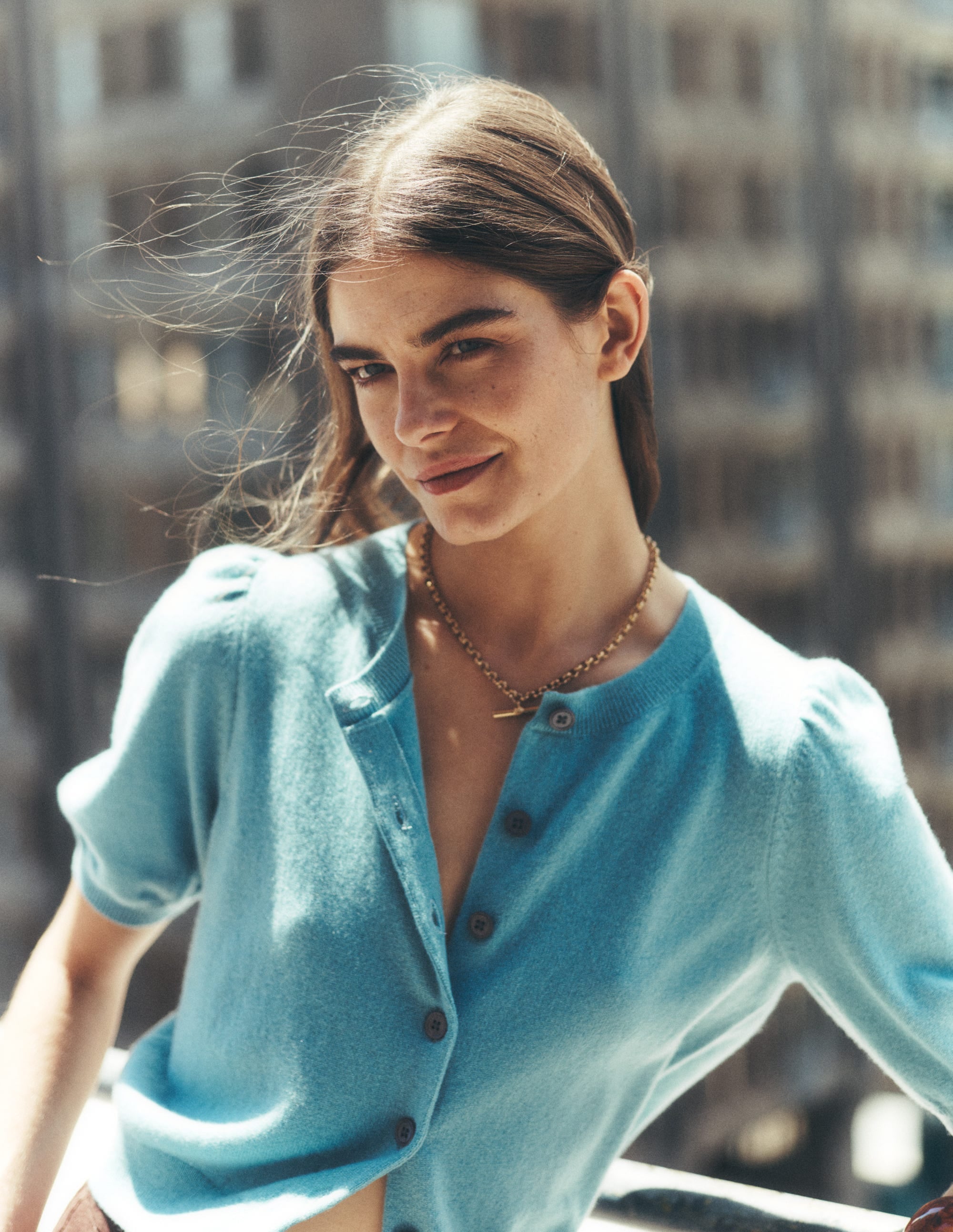 Cropped Cashmere Cardigan-Misty Blue - Image 5
