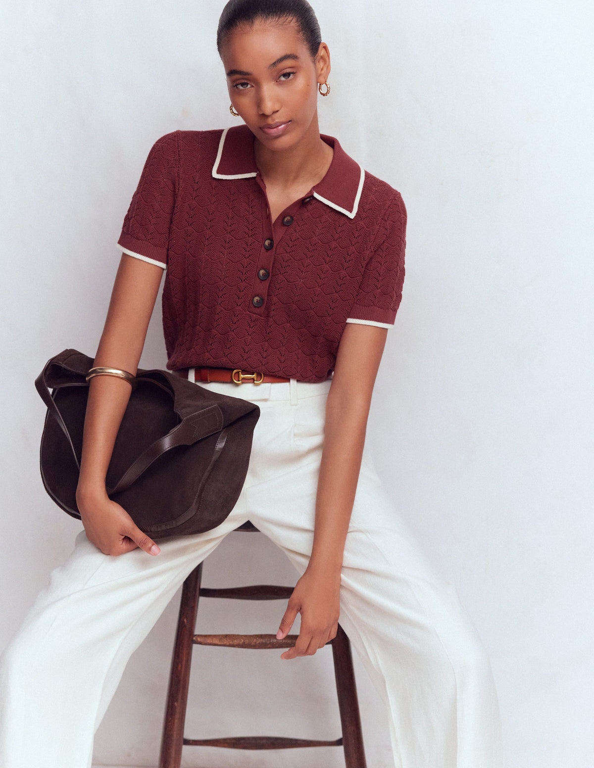 Henley-T-Shirt aus Pointelle-Sattes Kastanienbraun-1