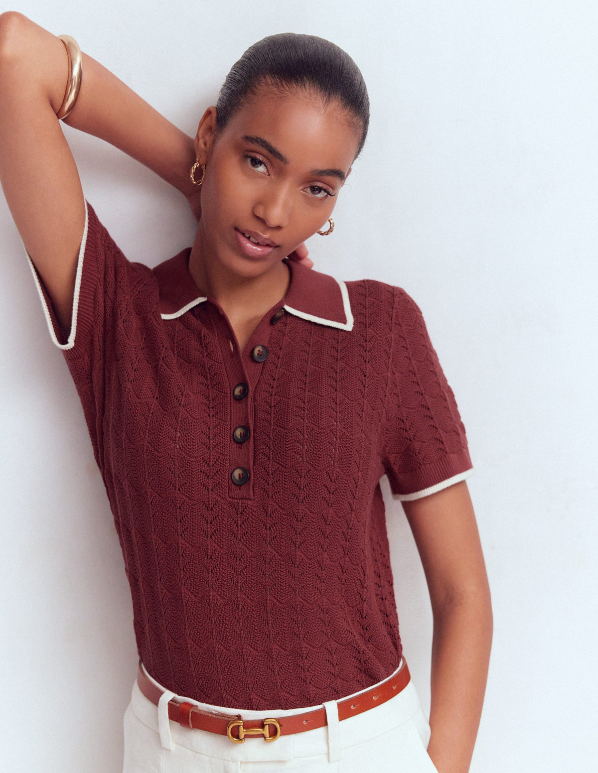 Henley-T-Shirt aus Pointelle-Sattes Kastanienbraun-4