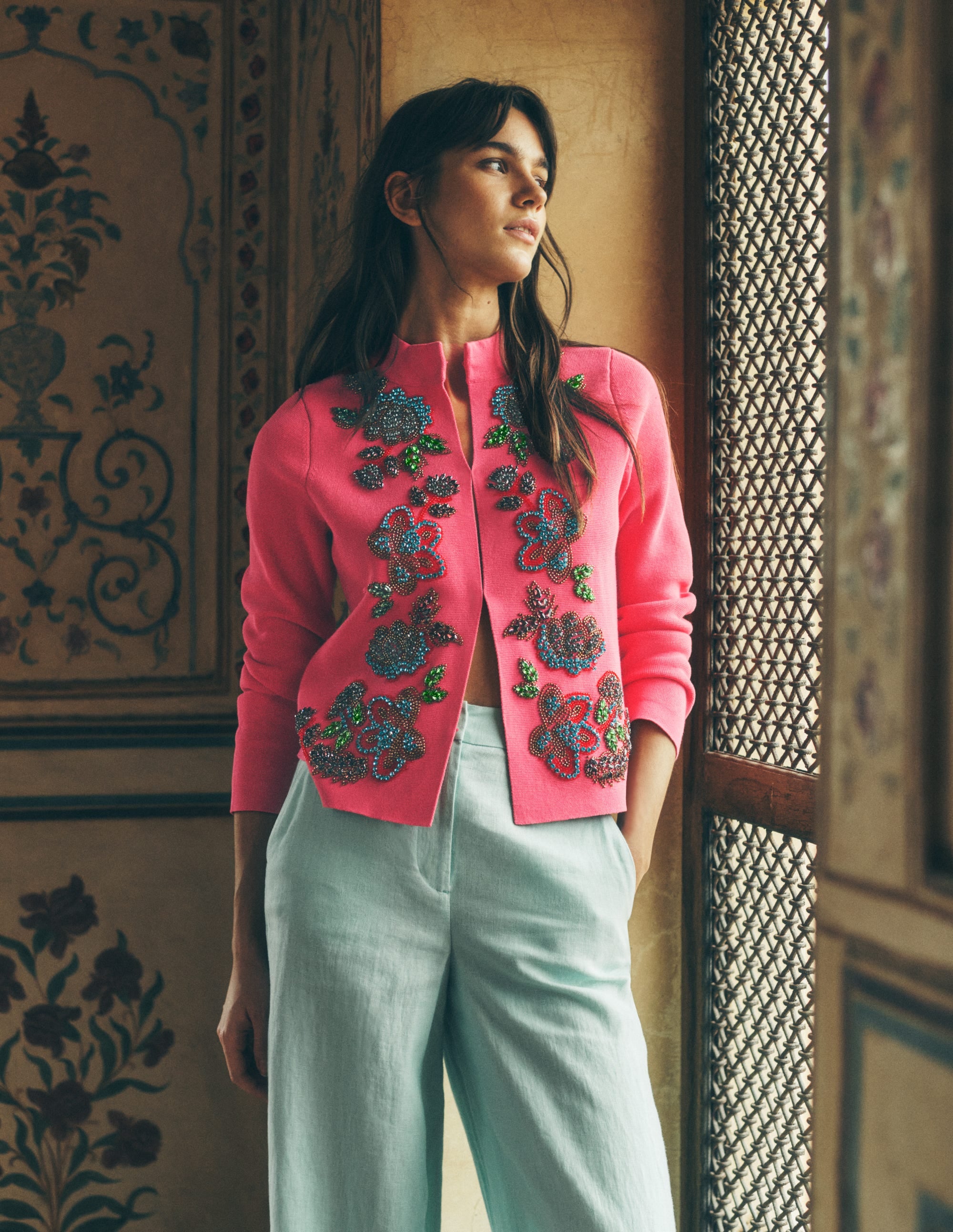Elena Stand Neck Jacket-Pink Embroidery - Image 5