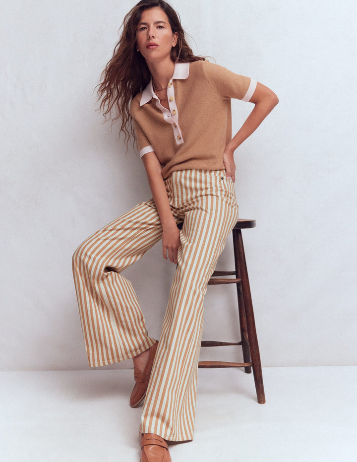 Jean large taille haute-Rayé fauve écru