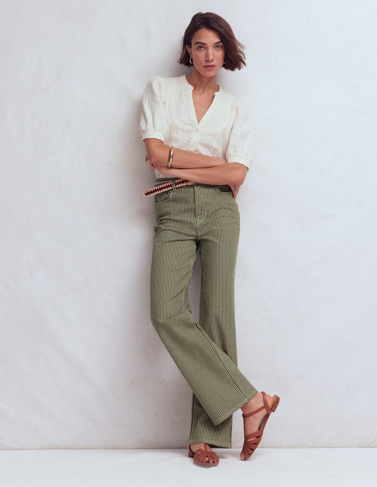 Jeans mit hohem Bund und geradem, weitem Bein-Olivgrün Beige Streifen-1