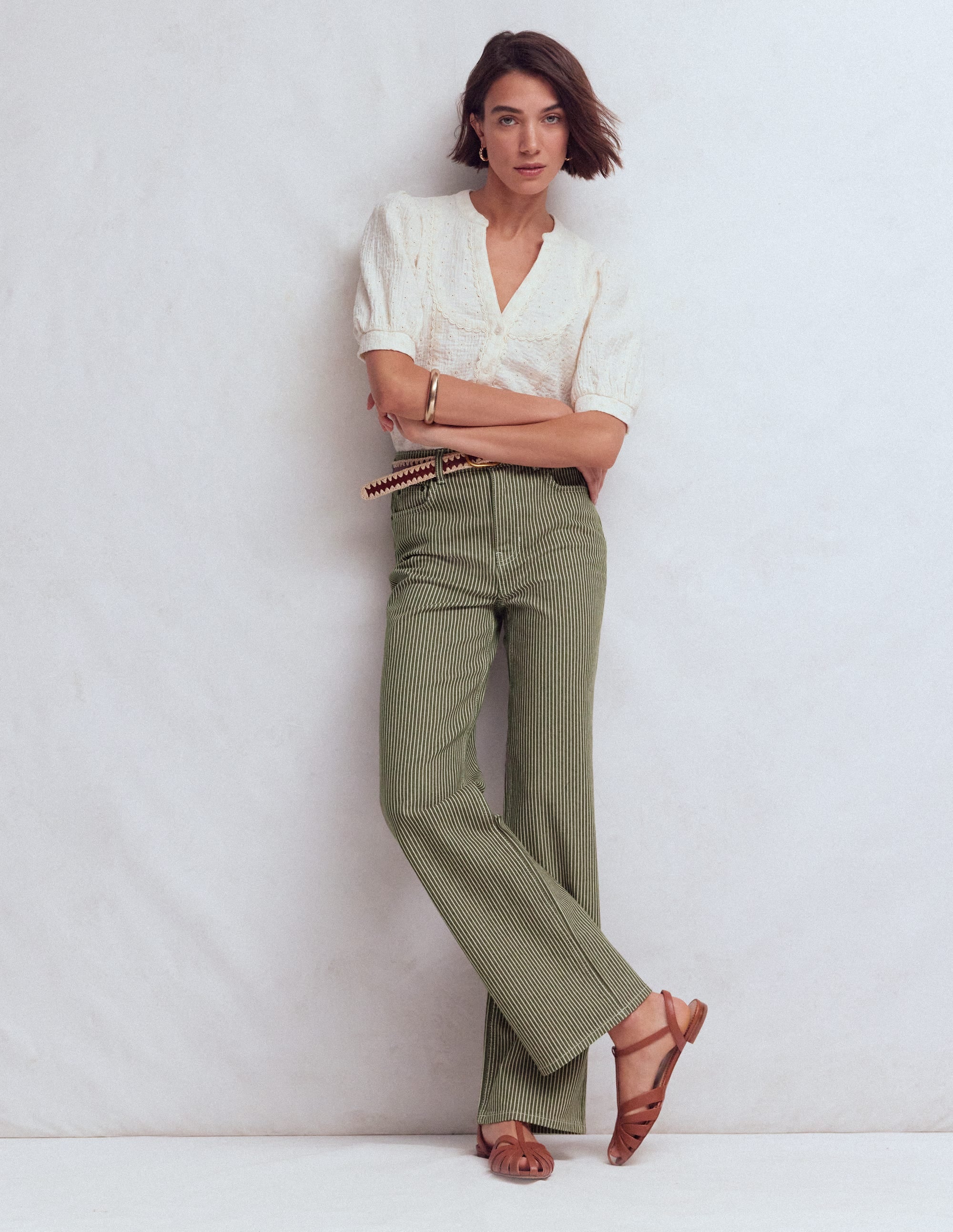 Jeans mit hohem Bund und geradem, weitem Bein-Olivgrün Beige Streifen - Image 1
