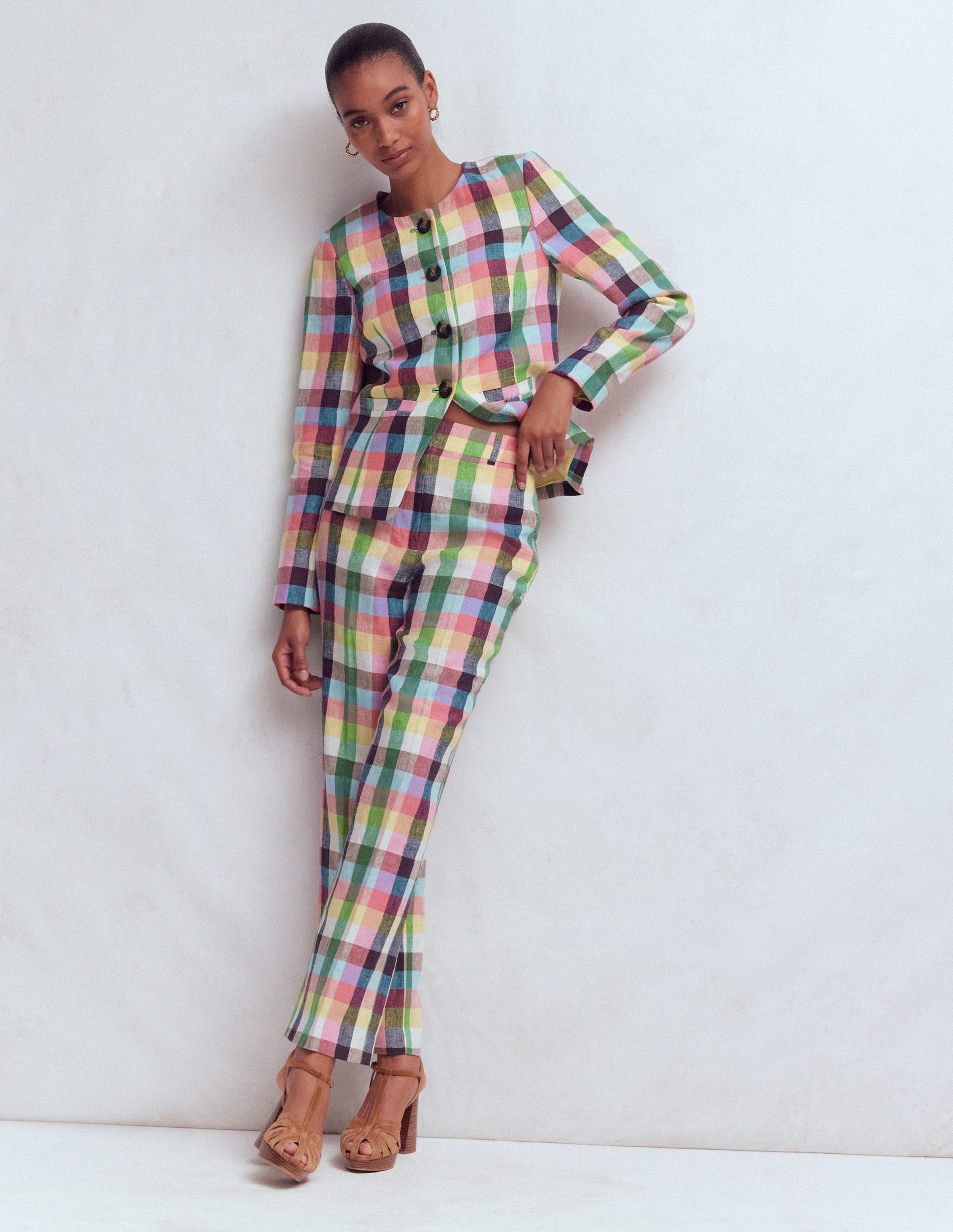 Canonbury 7/8 Linen Trousers-Soft Yellow, Pink Multigingham-2
