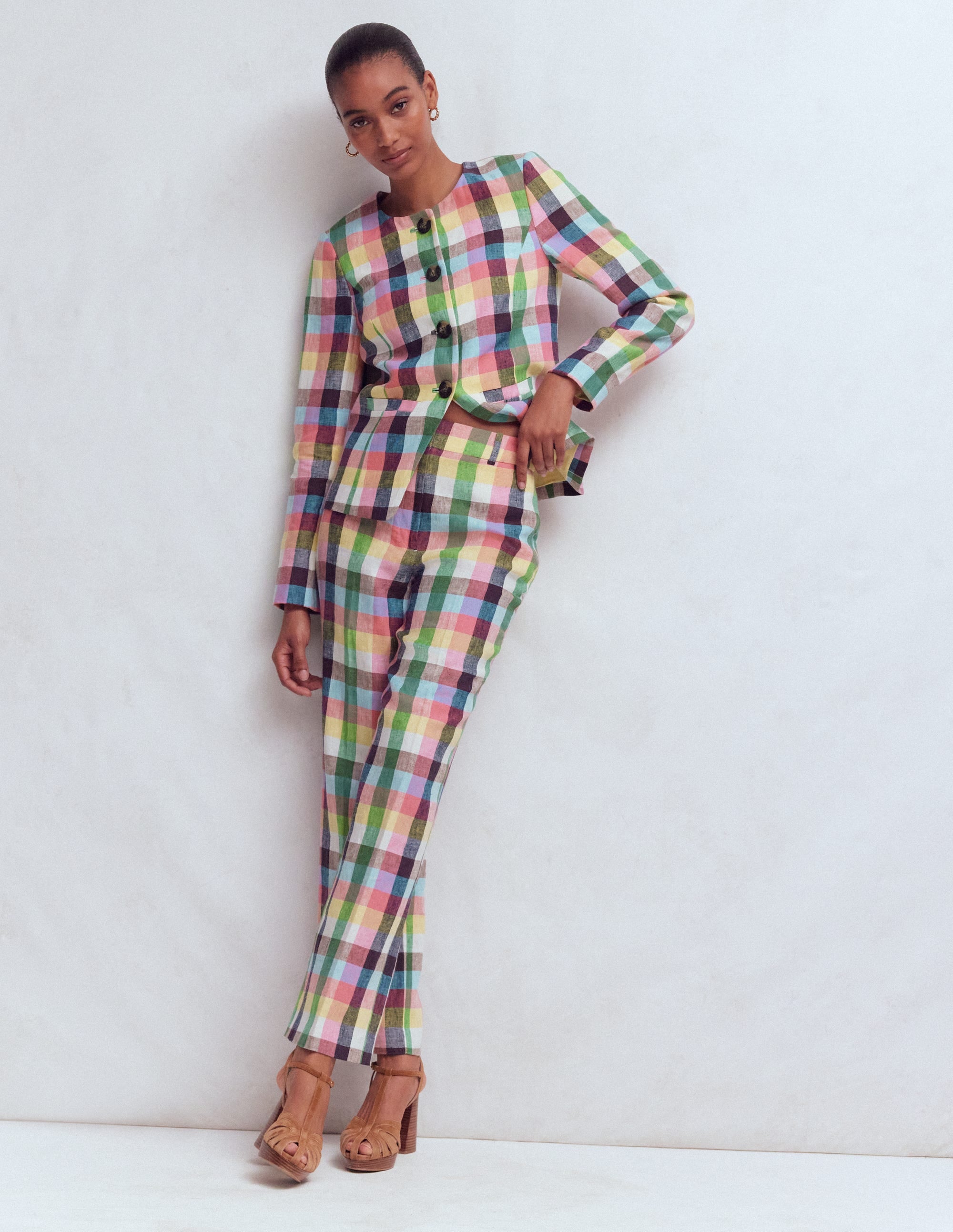 Canonbury 7/8 Linen Trousers-Soft Yellow, Pink Multigingham - Image 2