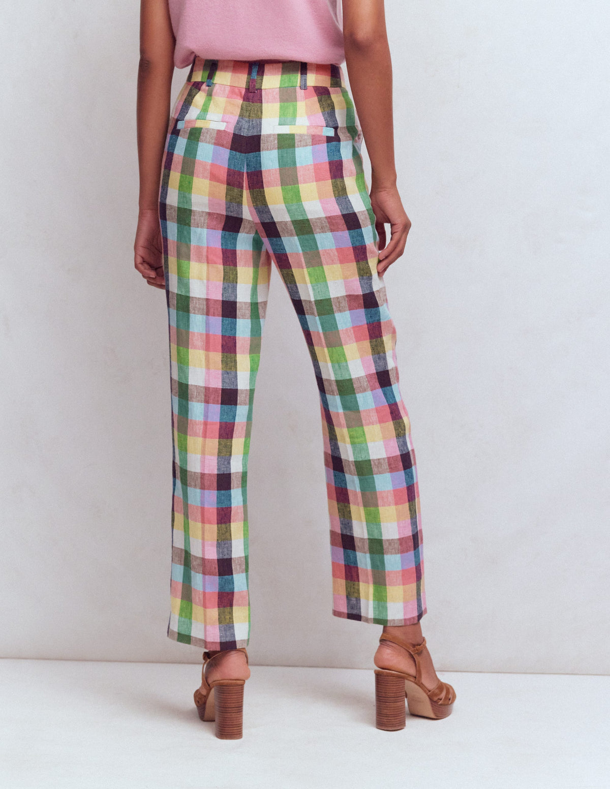Canonbury 7/8 Linen Trousers-Soft Yellow, Pink Multigingham-4