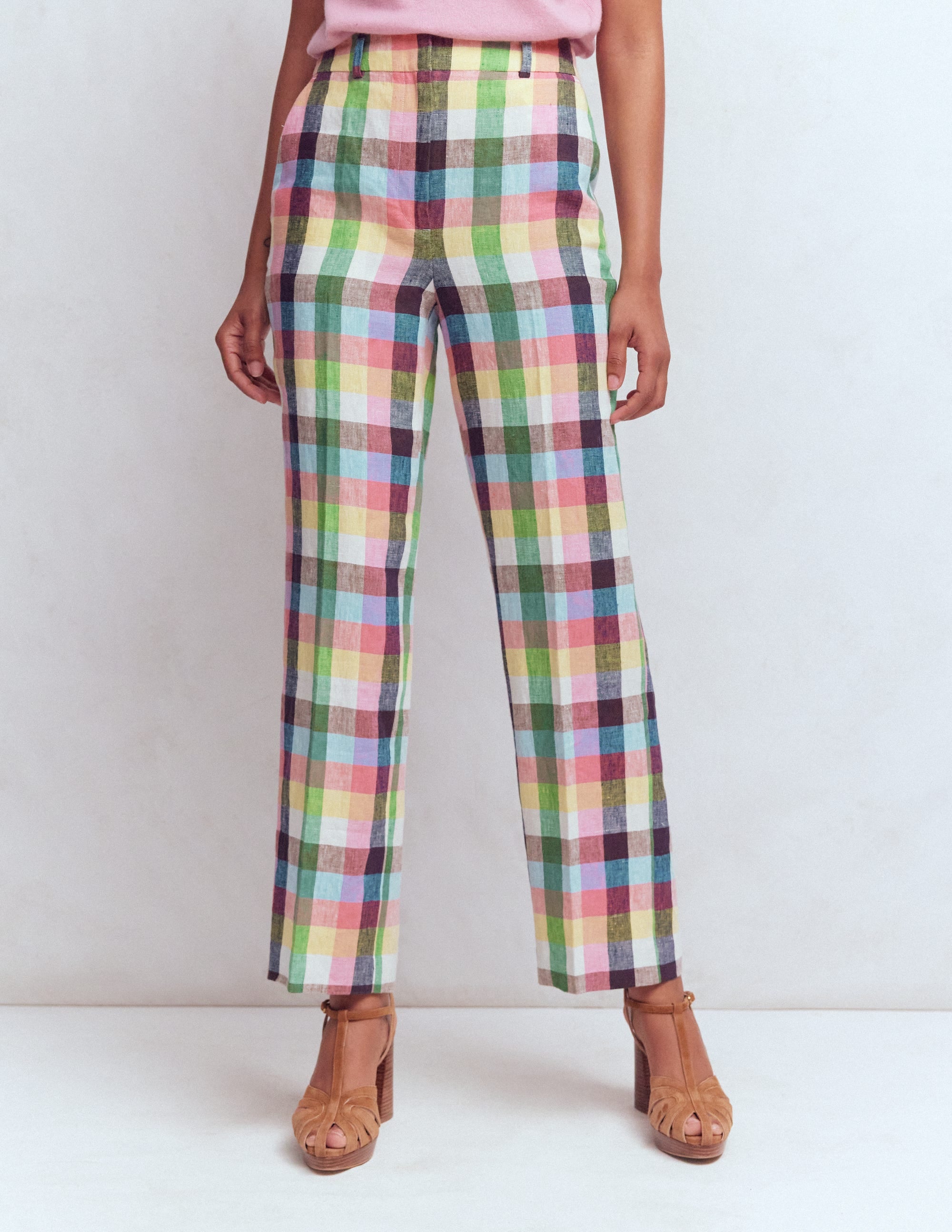 Canonbury 7/8 Linen Trousers-Soft Yellow, Pink Multigingham - Image 5