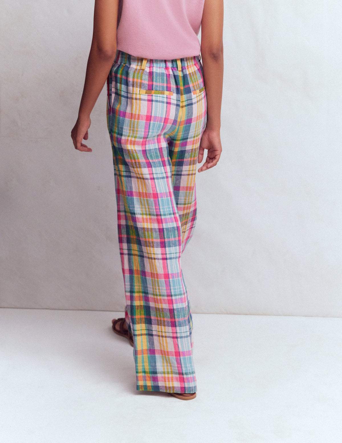 Kensington Linen Trousers-Blue, Pink and Green Madras-3