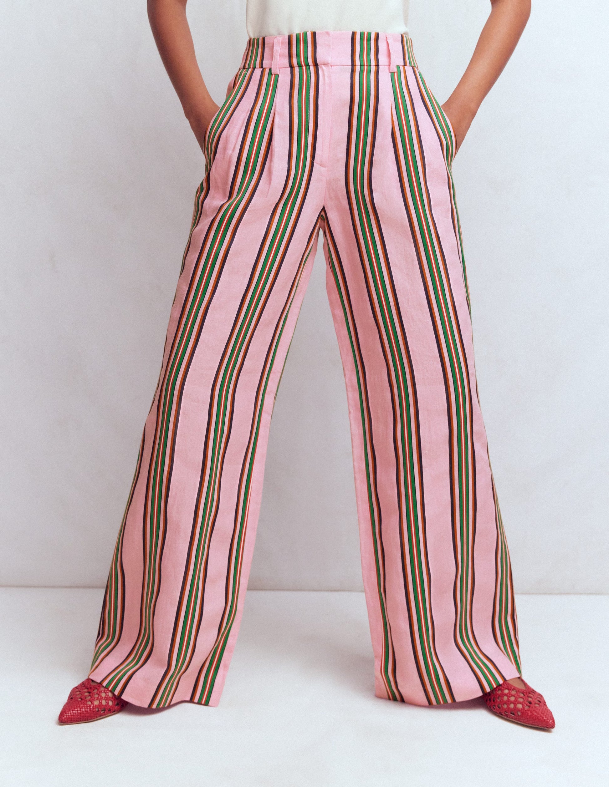 Pantalon Kensington en lin-Rayé rose et vert-4