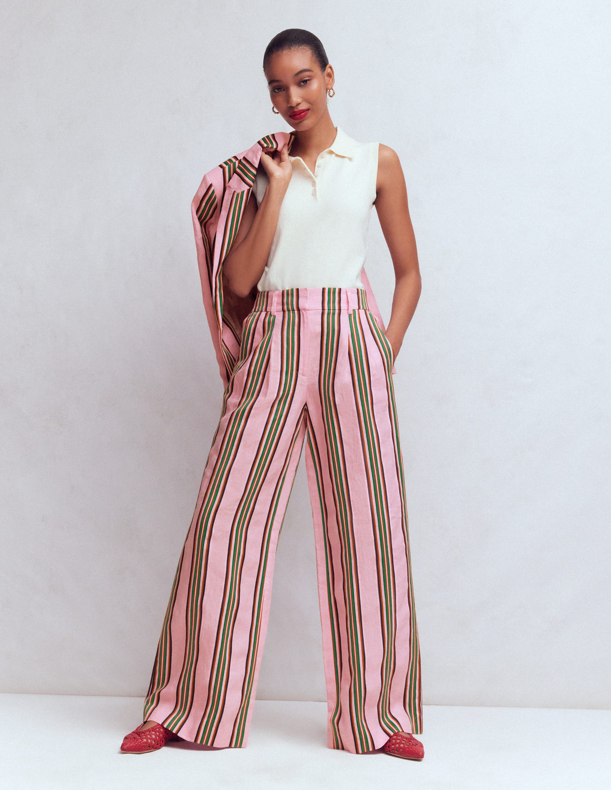 Pantalon Kensington en lin-Rayé rose et vert - Image 5