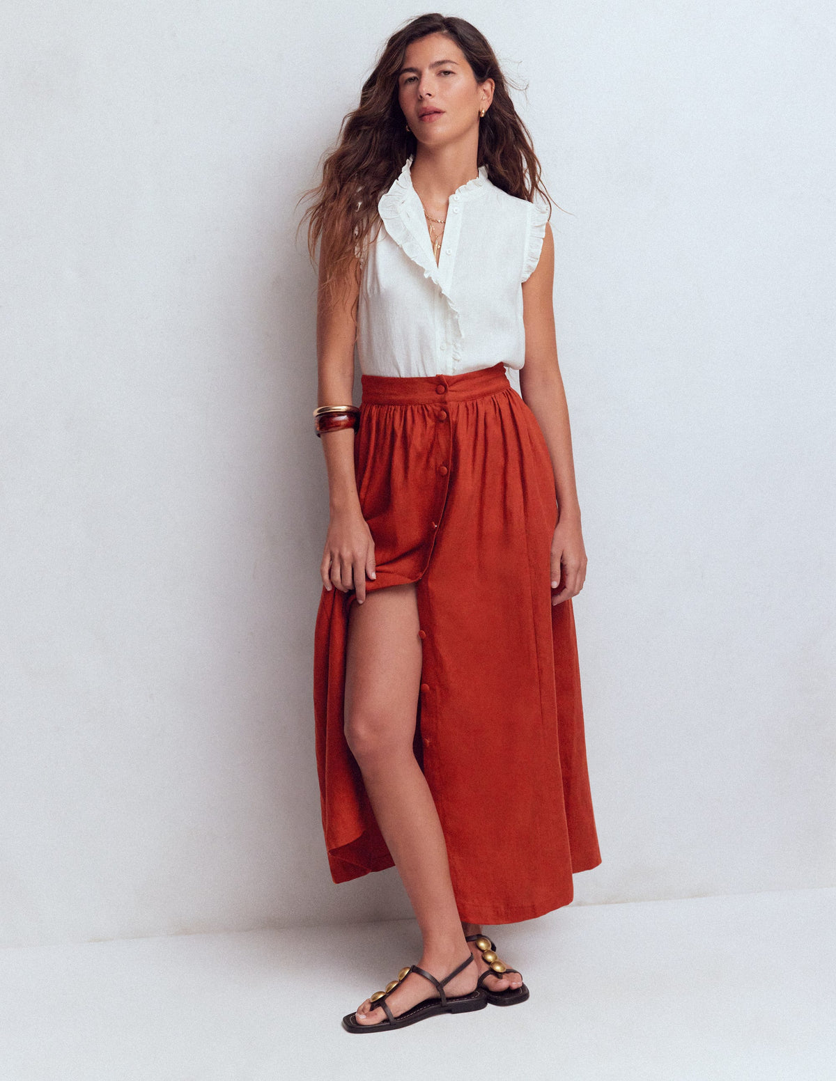Emma Maxirock aus Leinen-Braun-Orange - Image 1
