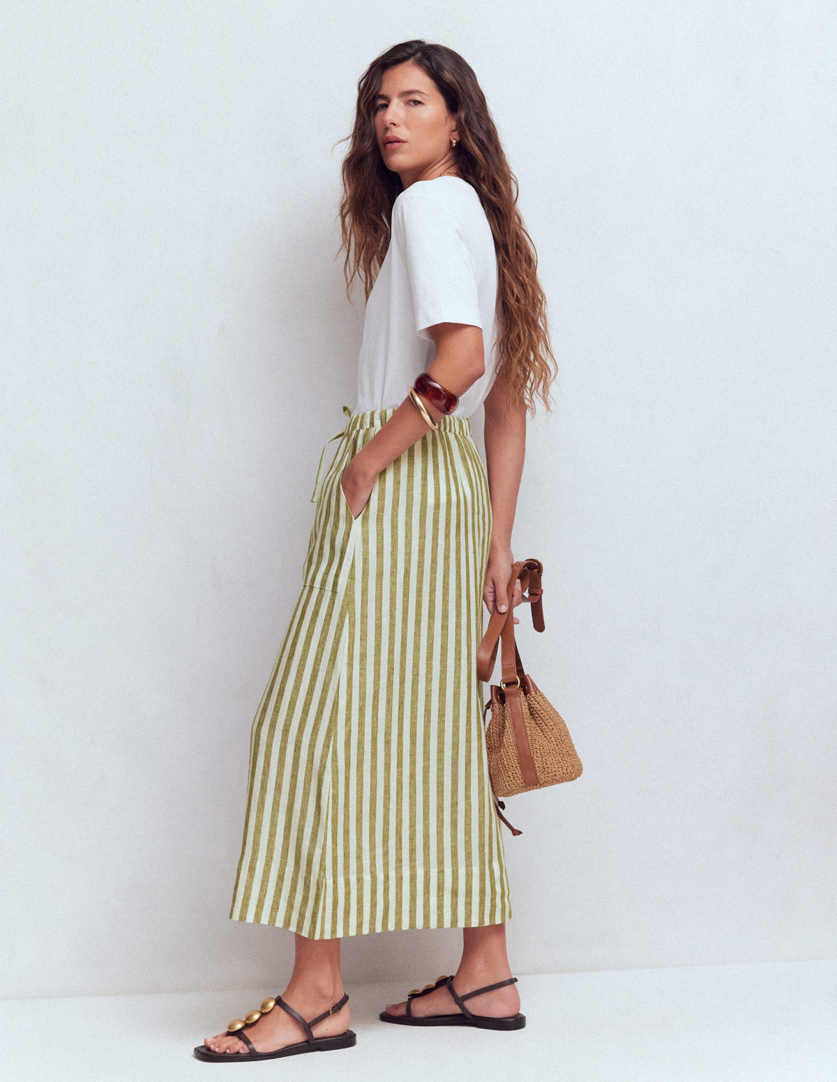 Layla Linen Skirt-Green Stripe - Image 1