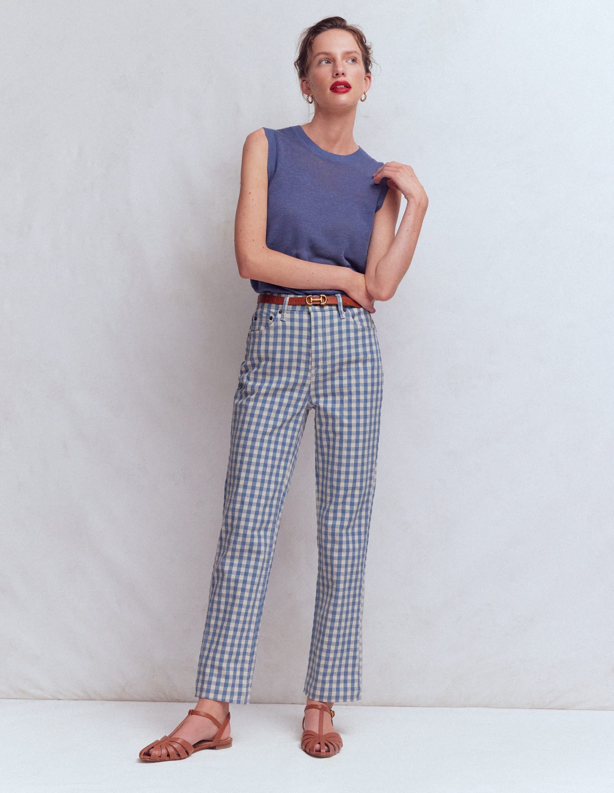 Jeans mit hohem Bund und geradem Bein-Blau Karo - Image 1
