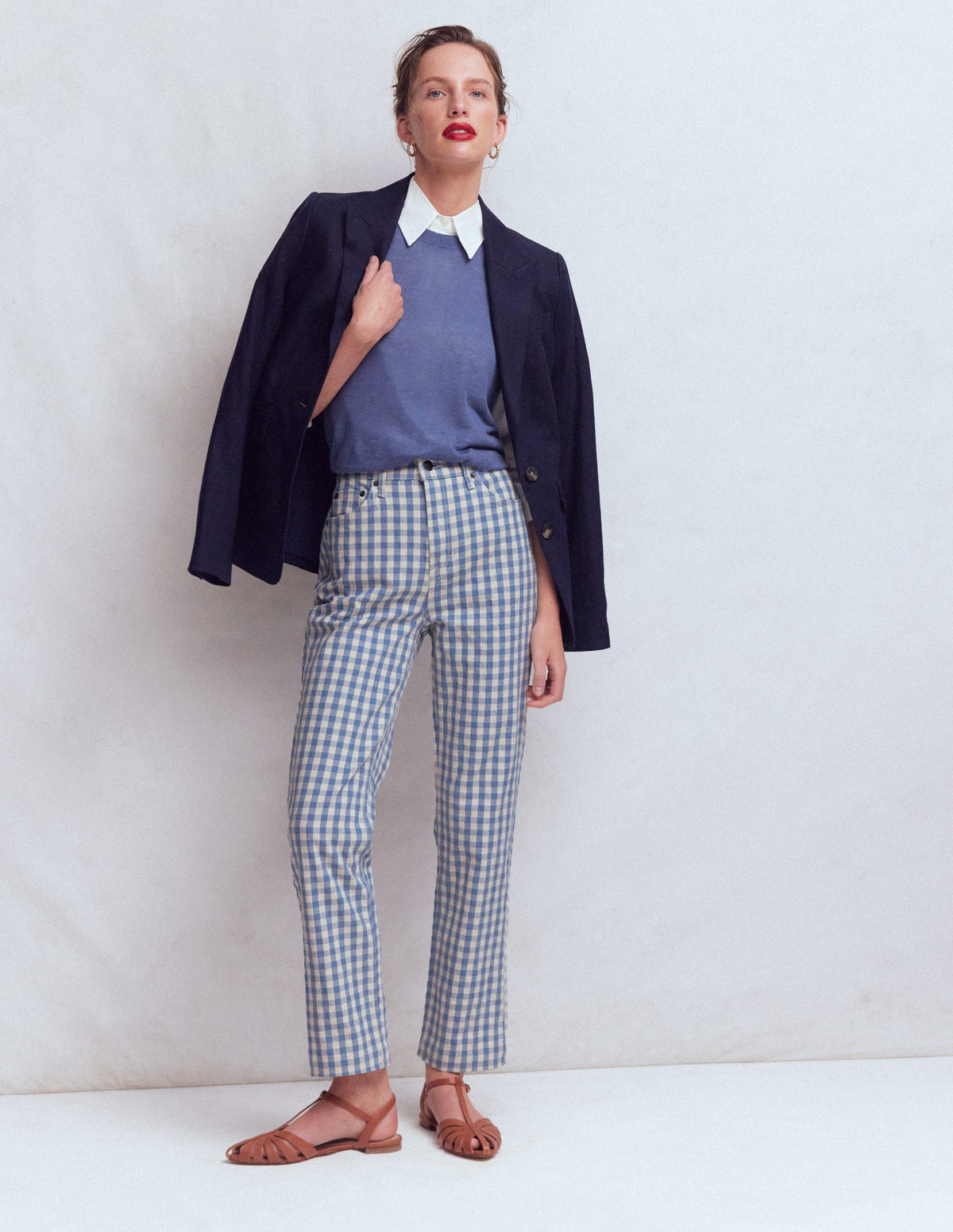 Jeans mit hohem Bund und geradem Bein-Blau Karo - Image 5