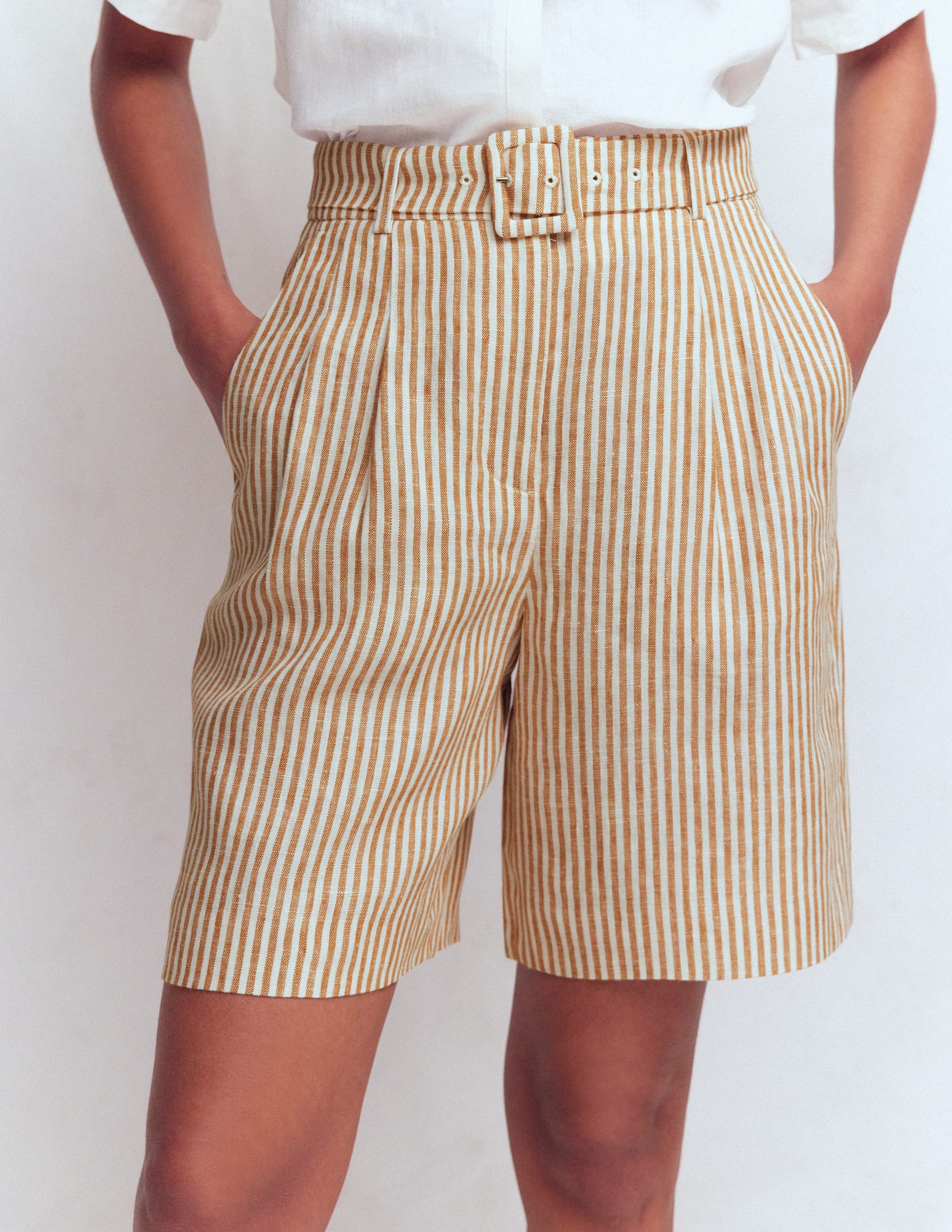 Chelsea Belted Linen Shorts-Brown, Ivory Ticking Stripe-5