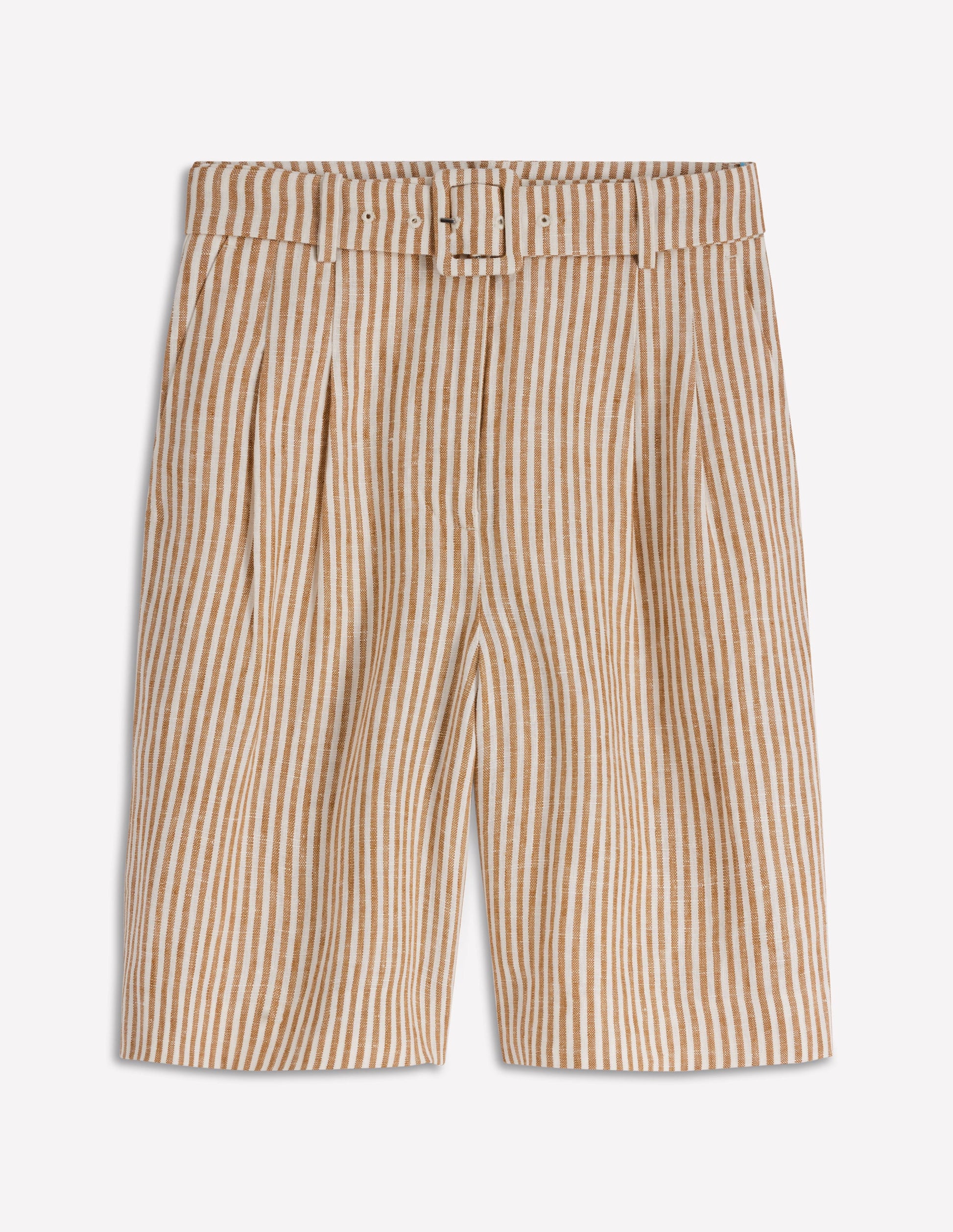 Chelsea Belted Linen Shorts-Brown, Ivory Ticking Stripe-6