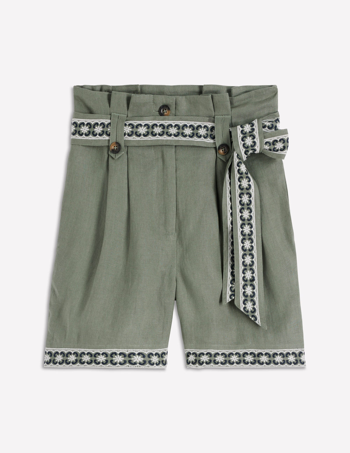 Paperbag Linen Belted Shorts-Green Grey Embroidery-6
