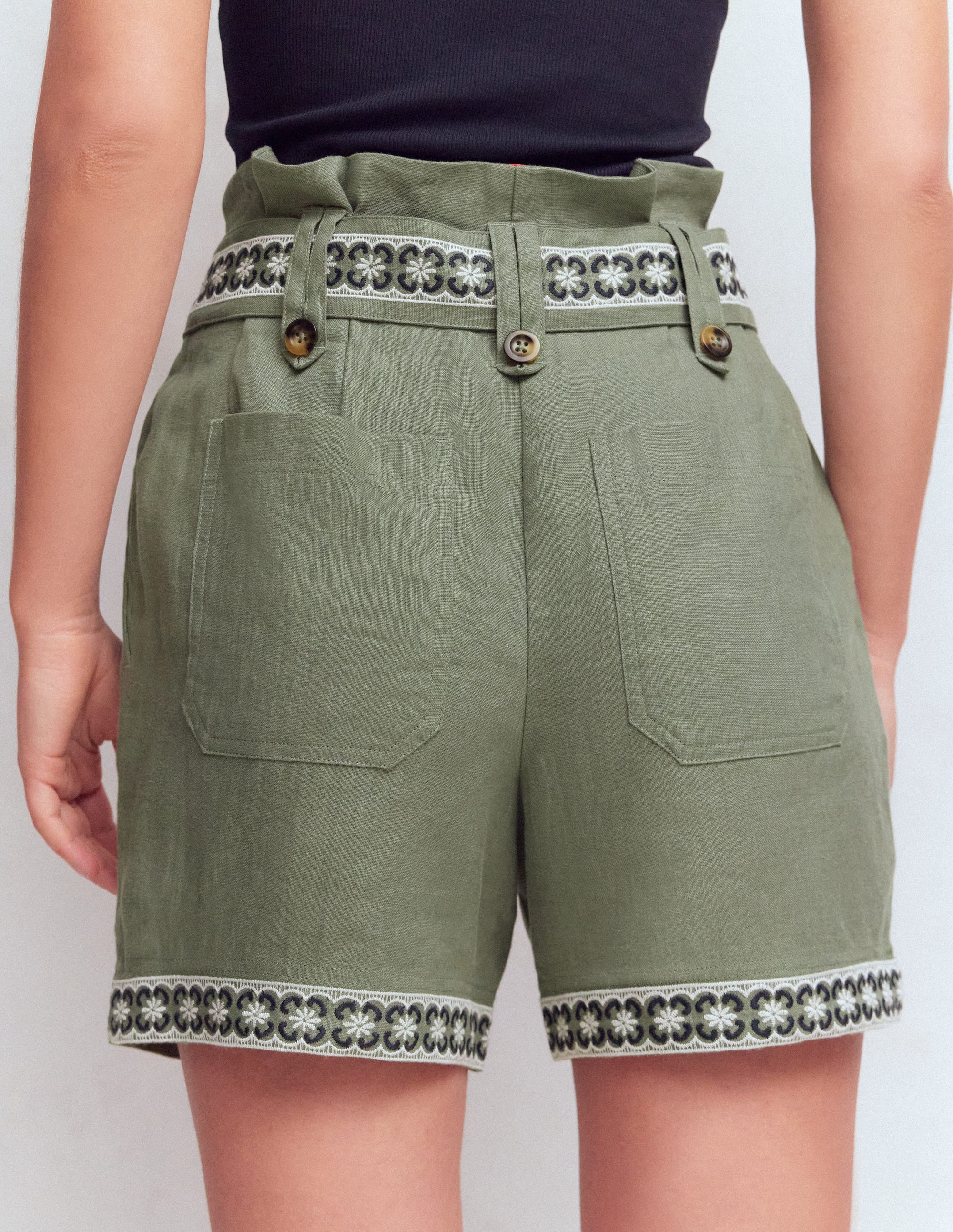 Paperbag Linen Belted Shorts-Green Grey Embroidery - Image 3