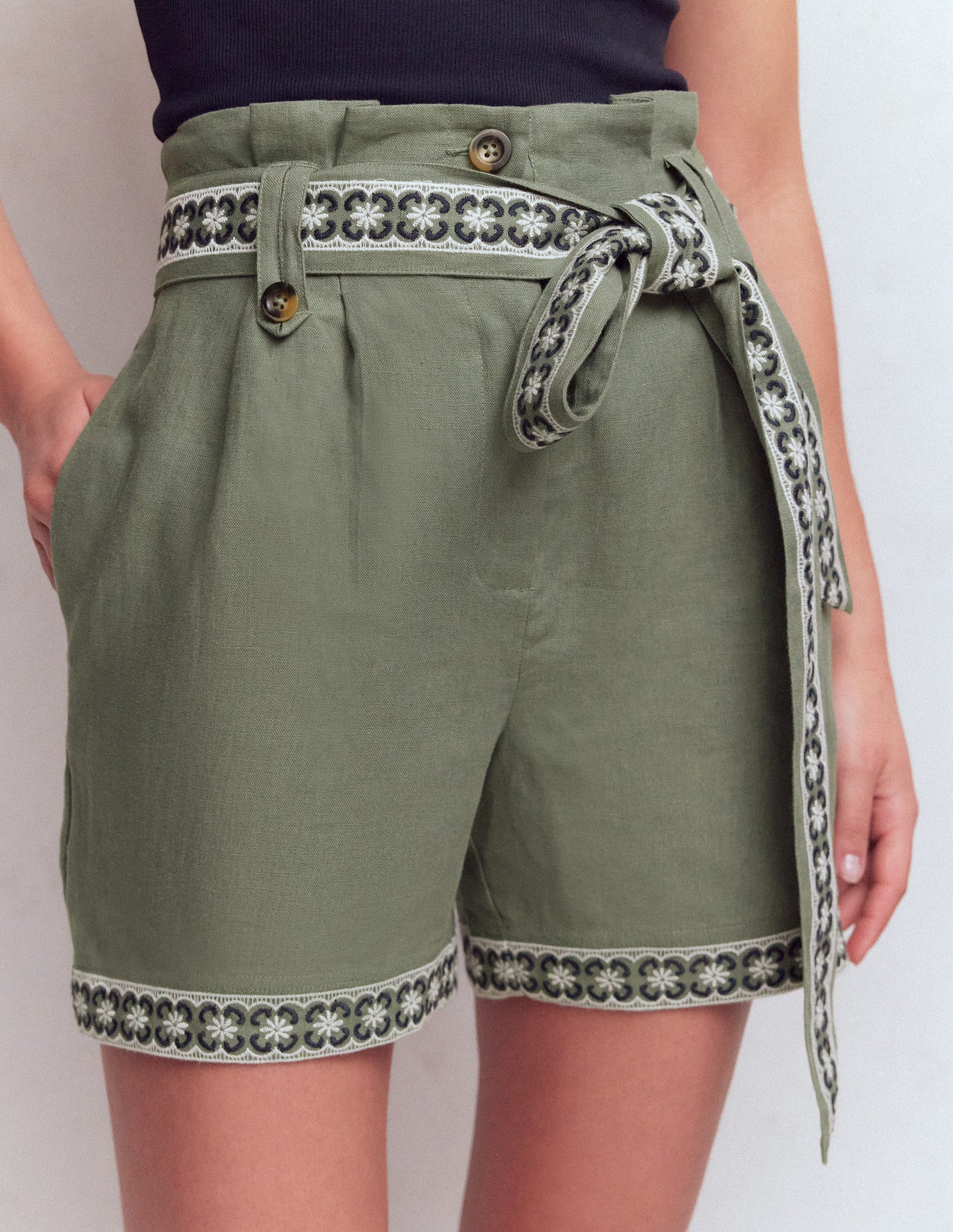 Paperbag Linen Belted Shorts-Green Grey Embroidery-4