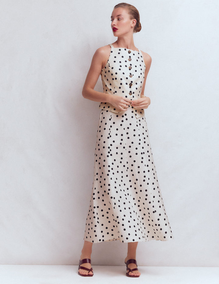 Jupe longue Miriam en lin-Ivoire, pois peints