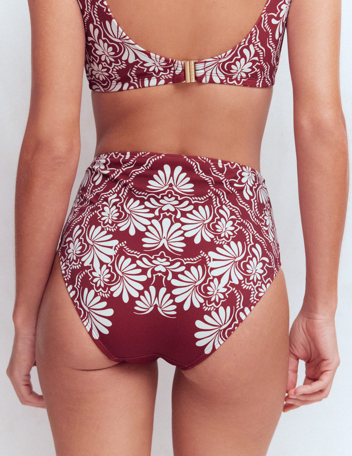 High Waisted Bikini Bottoms-Maroon, Botanical Charm - Image 3