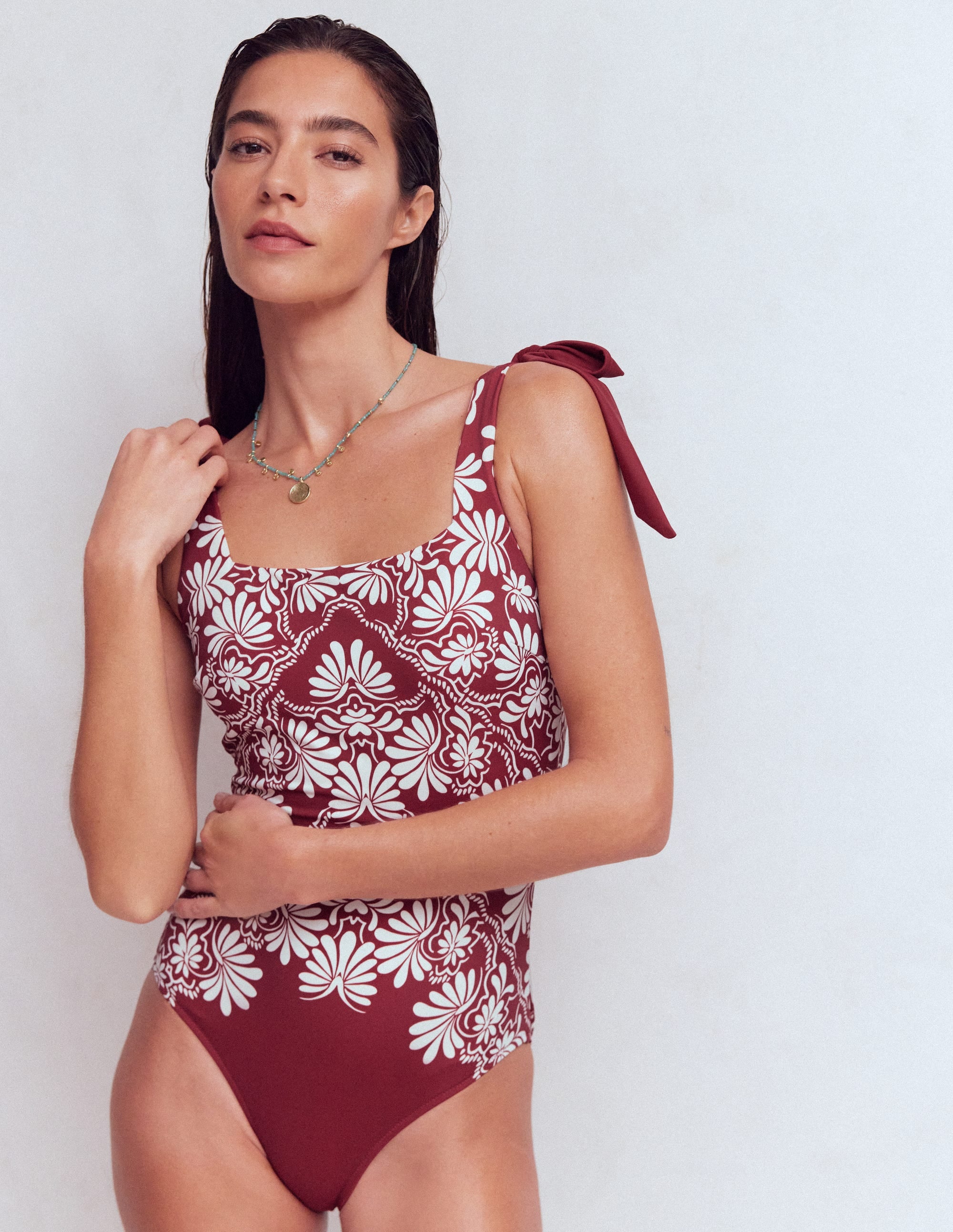 Badeanzug mit Schleife am Träger-Kastanienbraun, Botanischer Zauber - Image 4