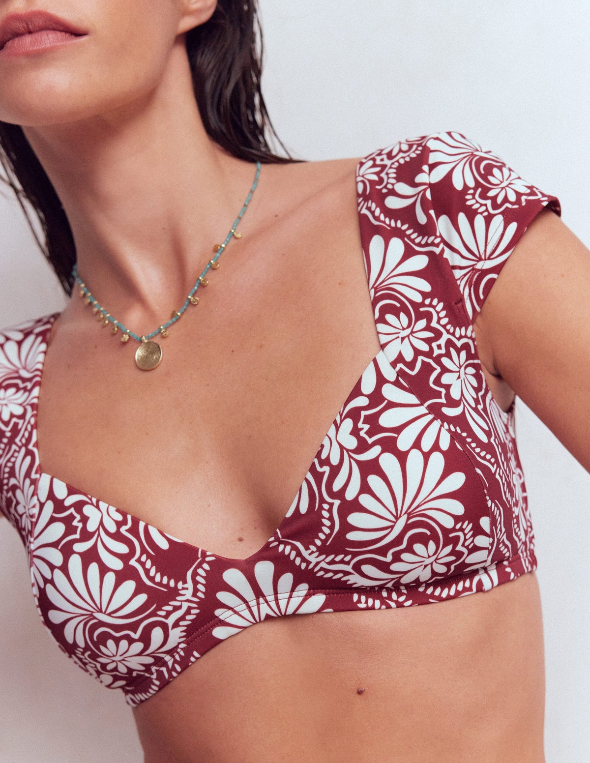 Sweetheart Sleeve Bikini Top-Maroon, Botanical Charm - Image 2