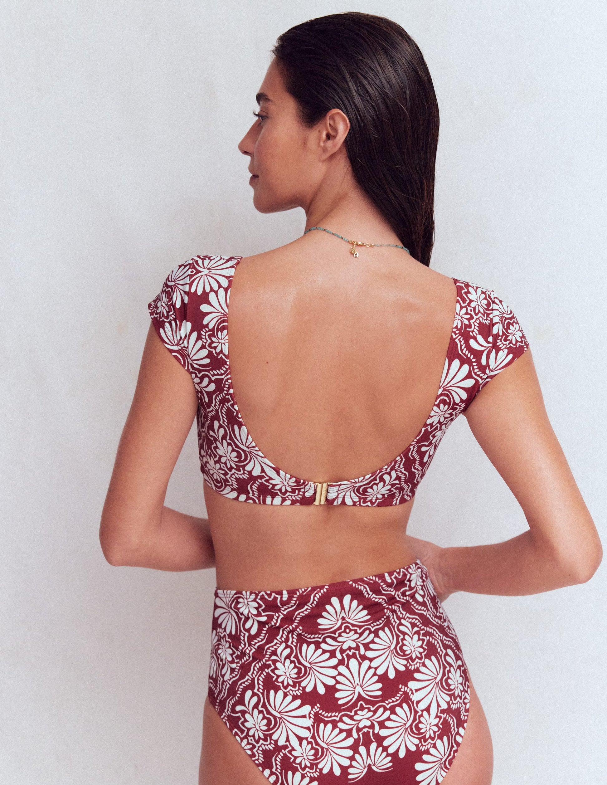 Sweetheart Sleeve Bikini Top-Maroon, Botanical Charm-3