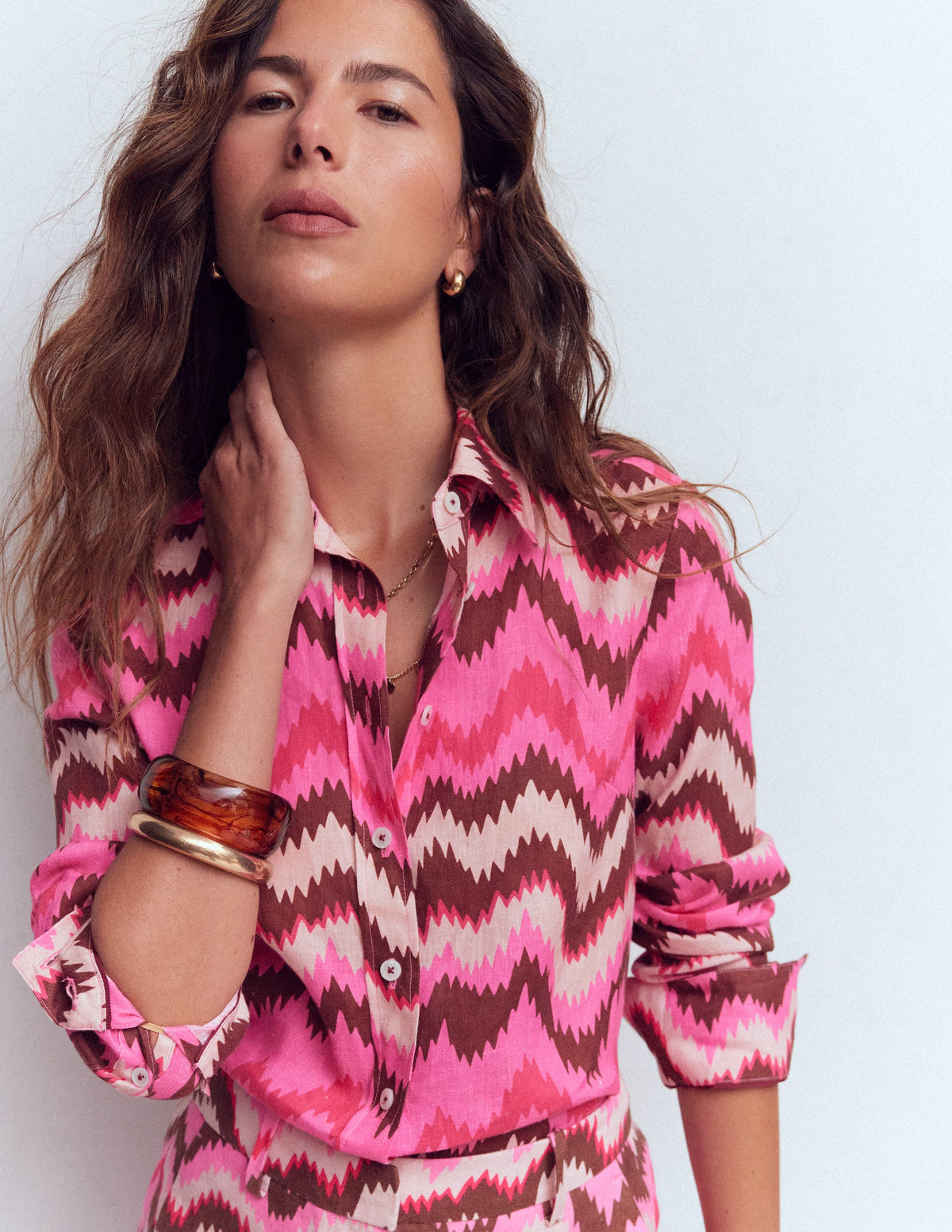 Sienna Leinenhemd-Kräftiges Rosa, Zickzack-Welle-2