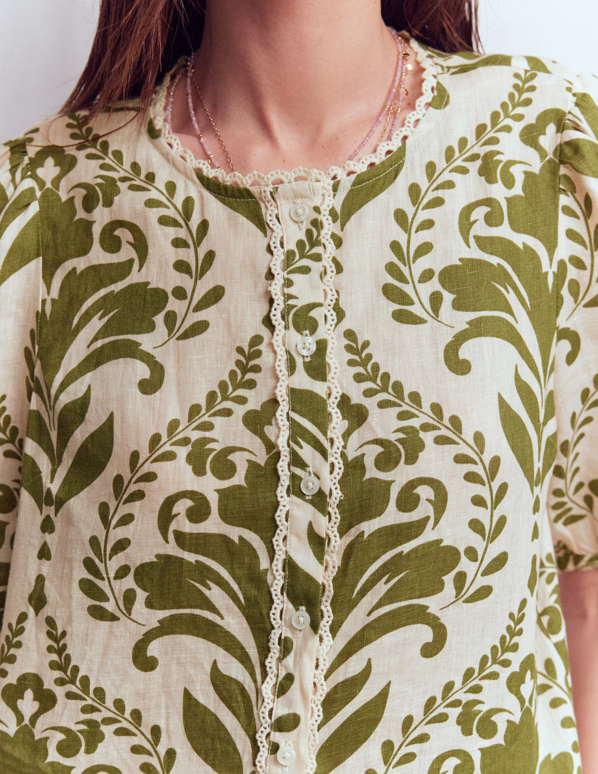 Leah Kurzärmeliges Leinenoberteil-Grün, Dekoratives Gitter-2
