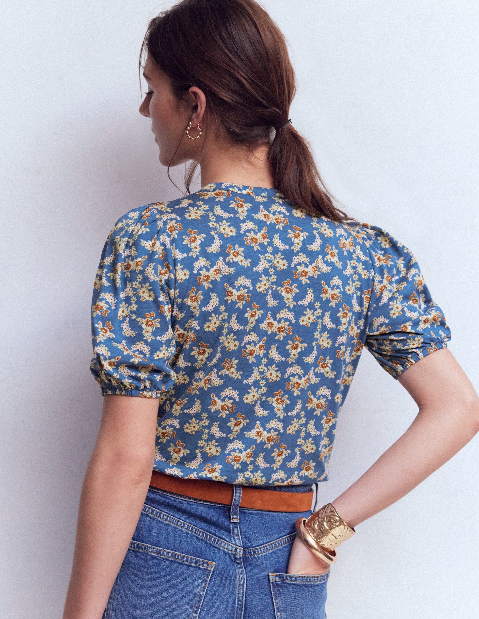 Mya Kurzärmeliges, gesmoktes Hemd-Echtes Marineblau, Zarte Blüten-3