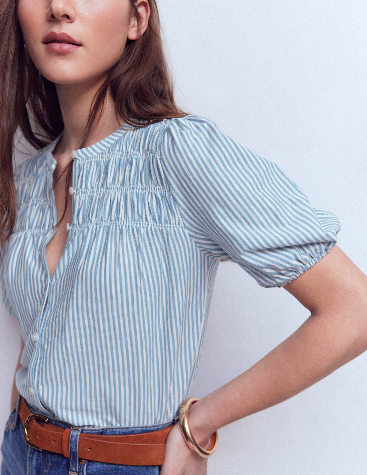 Mya Short Sleeve Smocked Shirt-French Blue and Ivory Stripe - Image 2