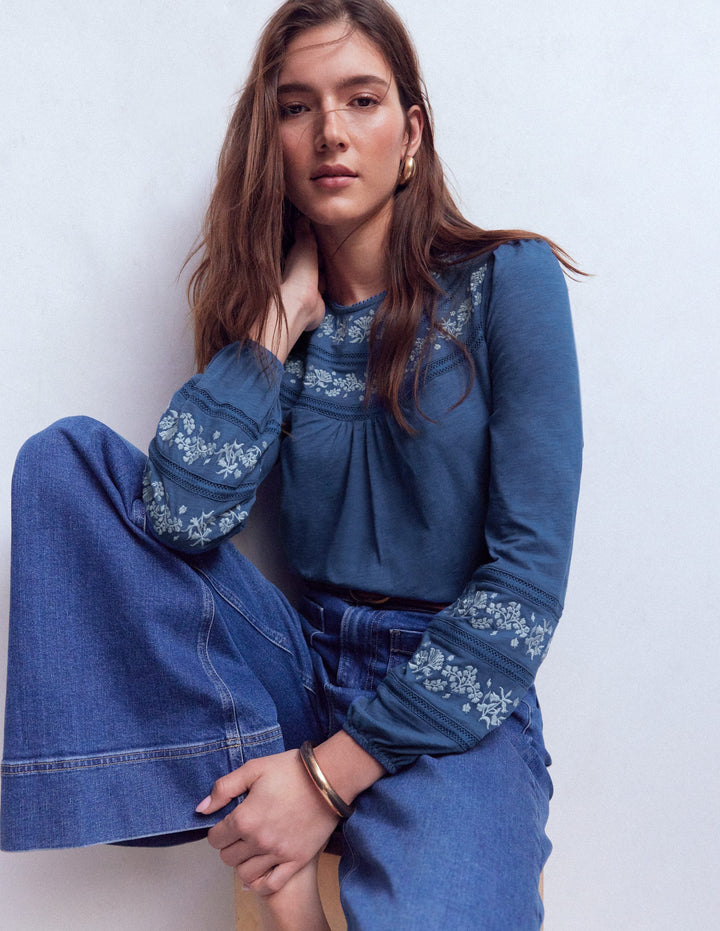 Rosie Besticktes Jersey-Oberteil-Denim-Blau