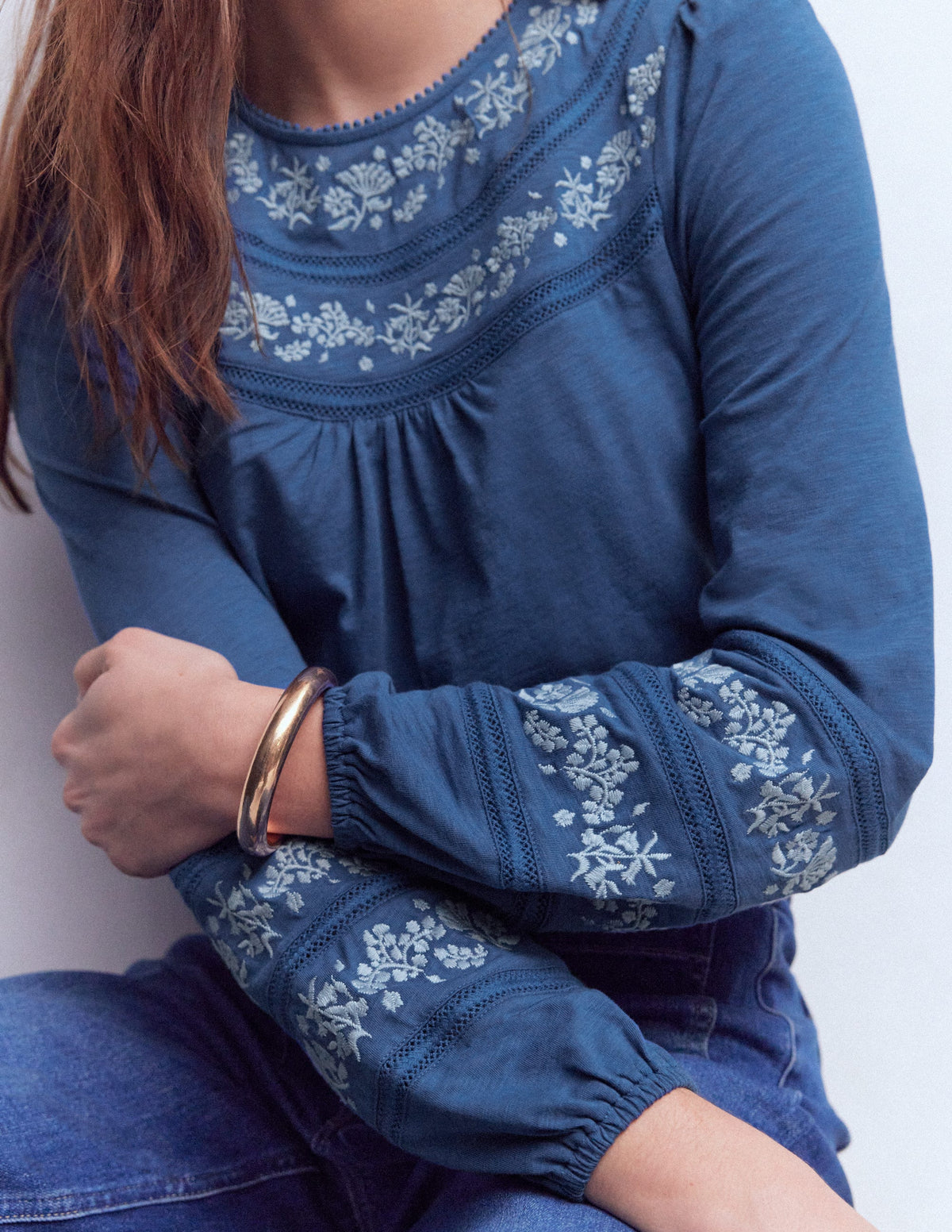 Rosie Besticktes Jersey-Oberteil-Denim-Blau-2