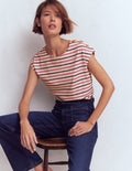 T-Shirt mit Knopfdetail-Rosa Pfingstrose, Umbra Streifen