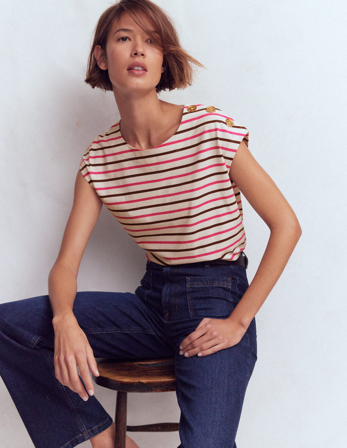 T-Shirt mit Knopfdetail-Rosa Pfingstrose, Umbra Streifen-1