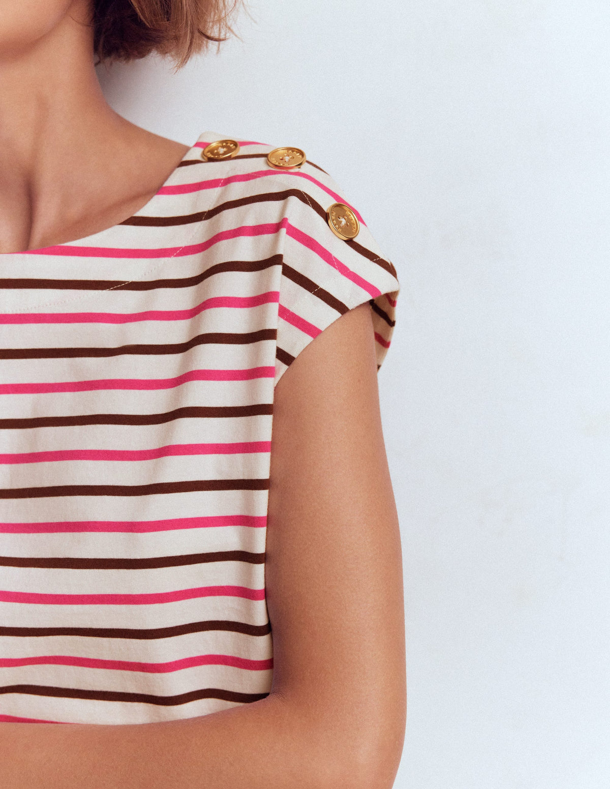T-Shirt mit Knopfdetail-Rosa Pfingstrose, Umbra Streifen - Image 2