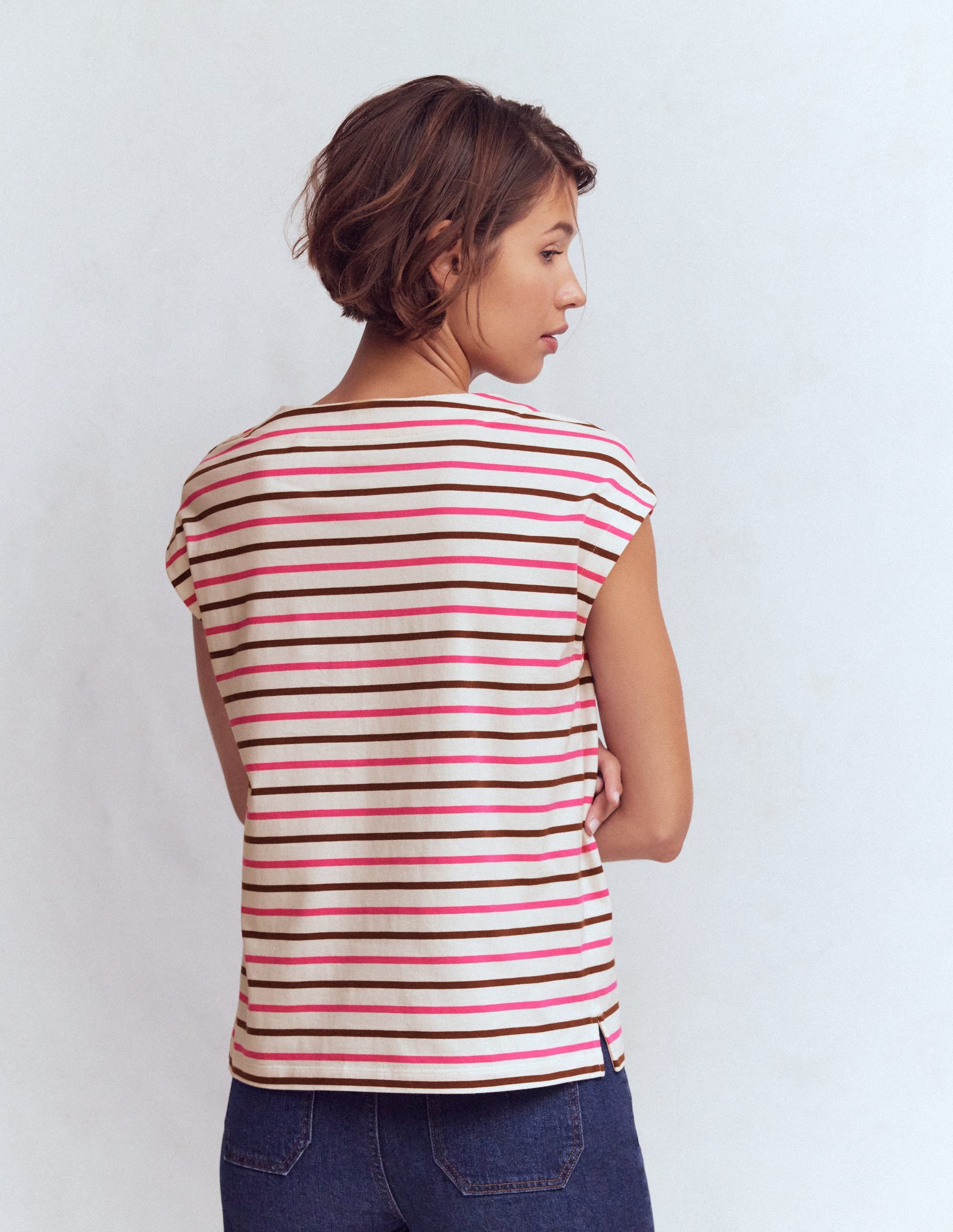 T-Shirt mit Knopfdetail-Rosa Pfingstrose, Umbra Streifen - Image 3