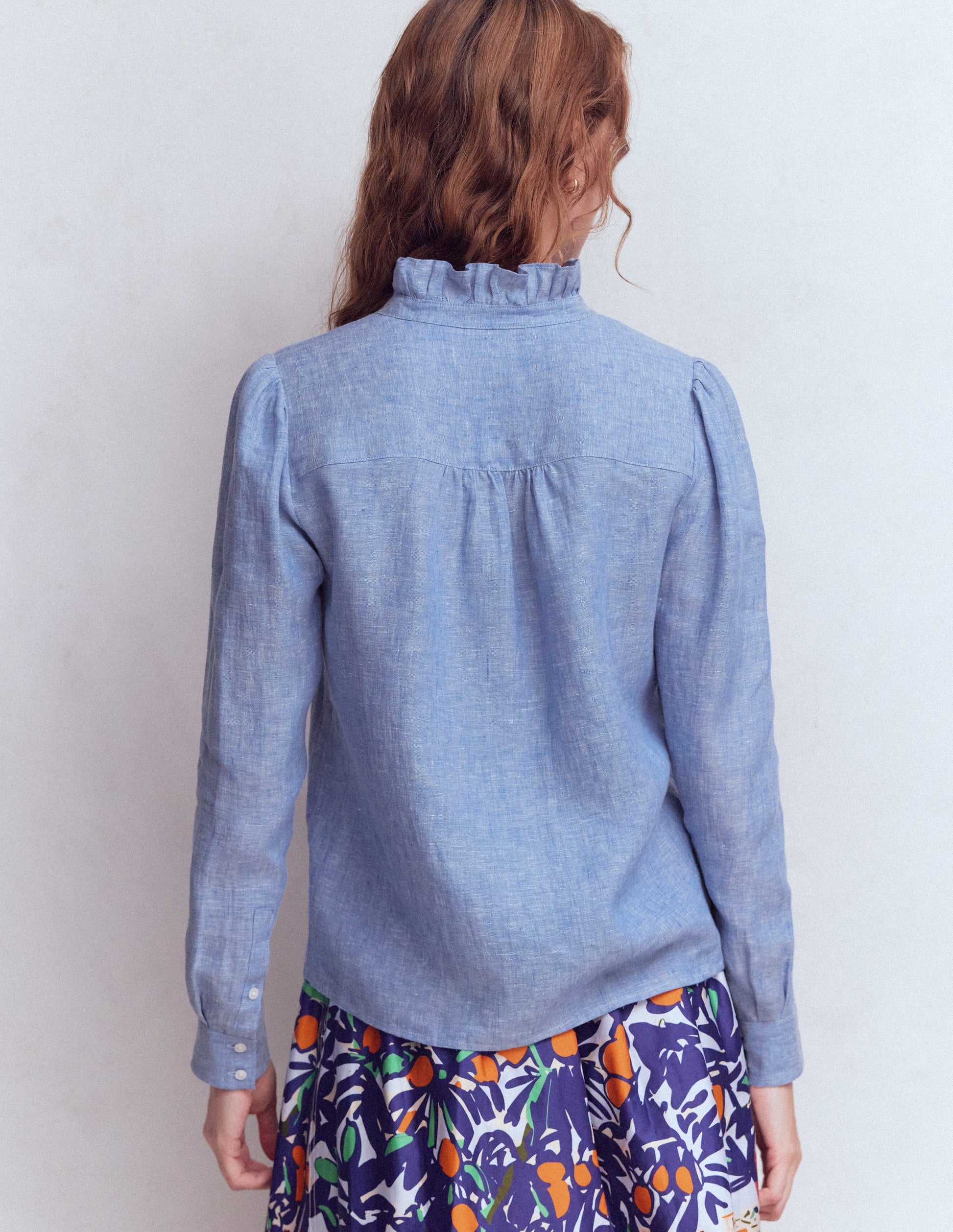 Isabel Leinenhemd mit Rüschen-Blauer Faux-Uni-3